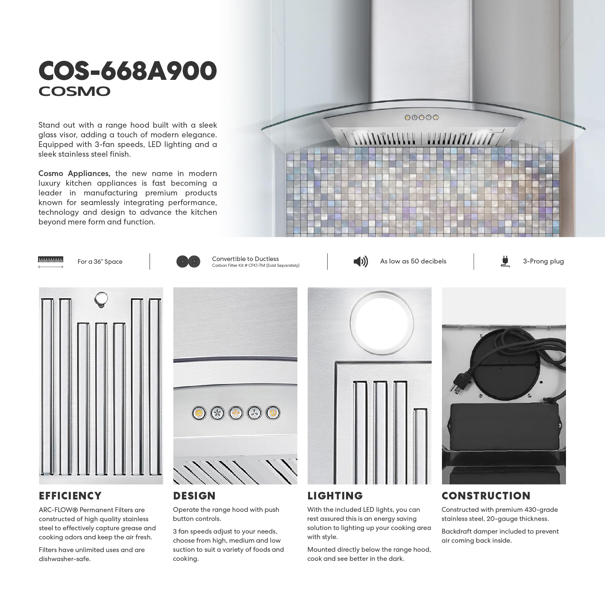 COSMO COS-668A900 36 Inch Stainless Steel Wall Mount Range Hood - 380 CFM Ducted Ventilation with LED Lights & Button Controls | Perfect for Modern Kitchens, Cooking Ventilation & Smoke Removal