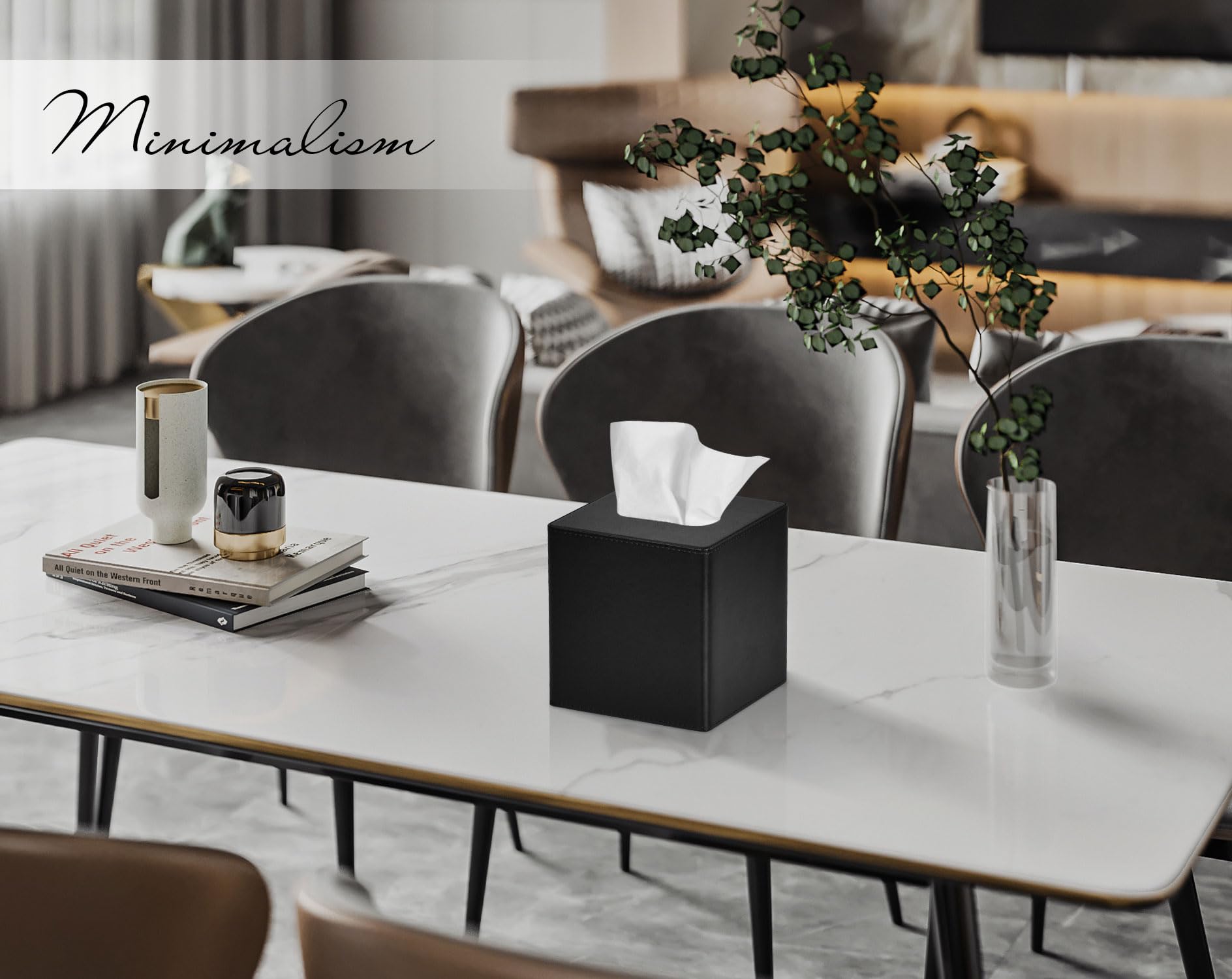Square PU Leather Tissue Box Cover - Black Decorative Holder for Facial Tissues | Dresser & Bathroom Organizer | Perfect for Home, Office & Hotel Decor