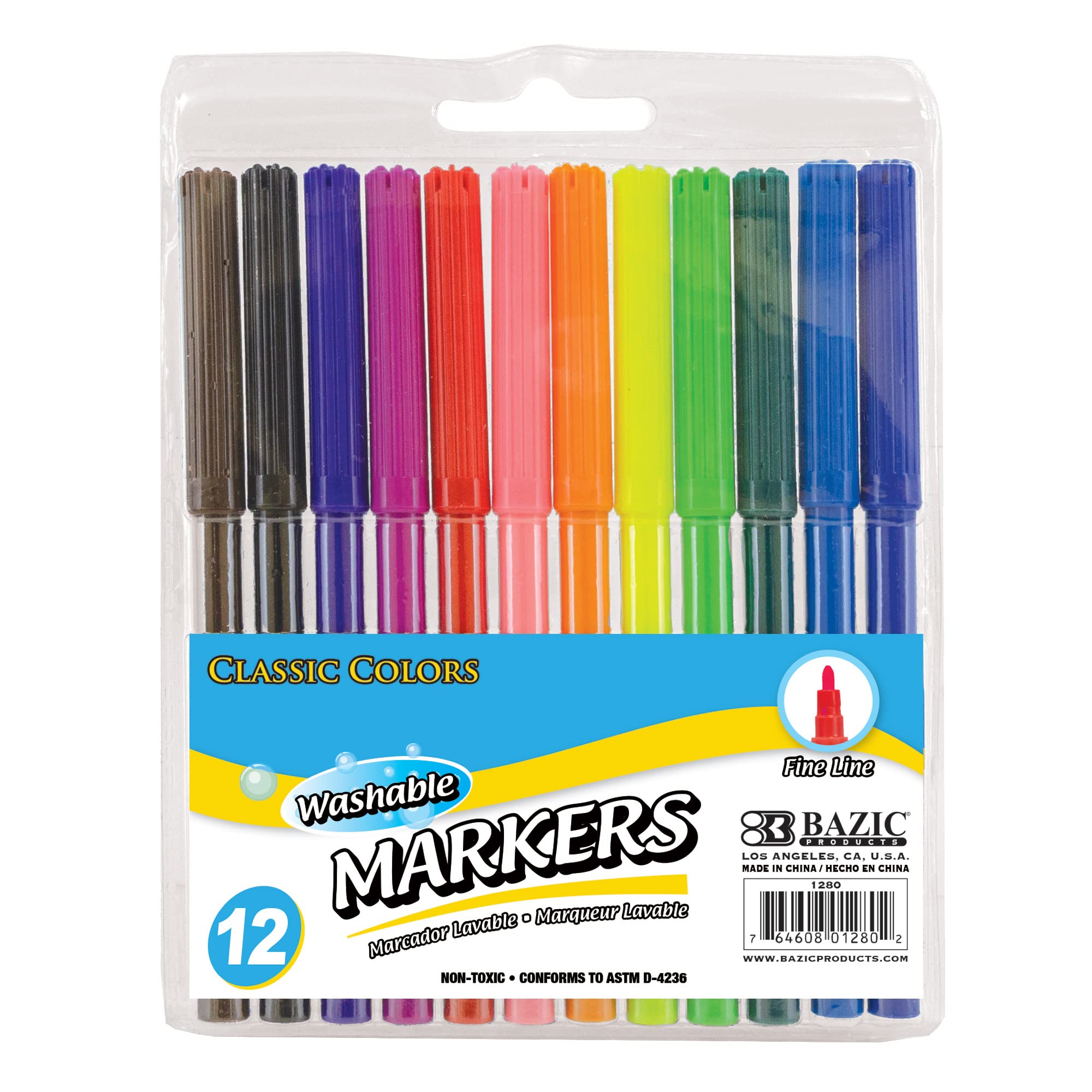BAZIC Washable Fine Line Markers 12 Colors - Non-Toxic Thin Tip Coloring Markers for Kids Art, Drawing & School Projects - 144 Pack (12/Pack) - Perfect for Classroom, Home & DIY Craft Activities