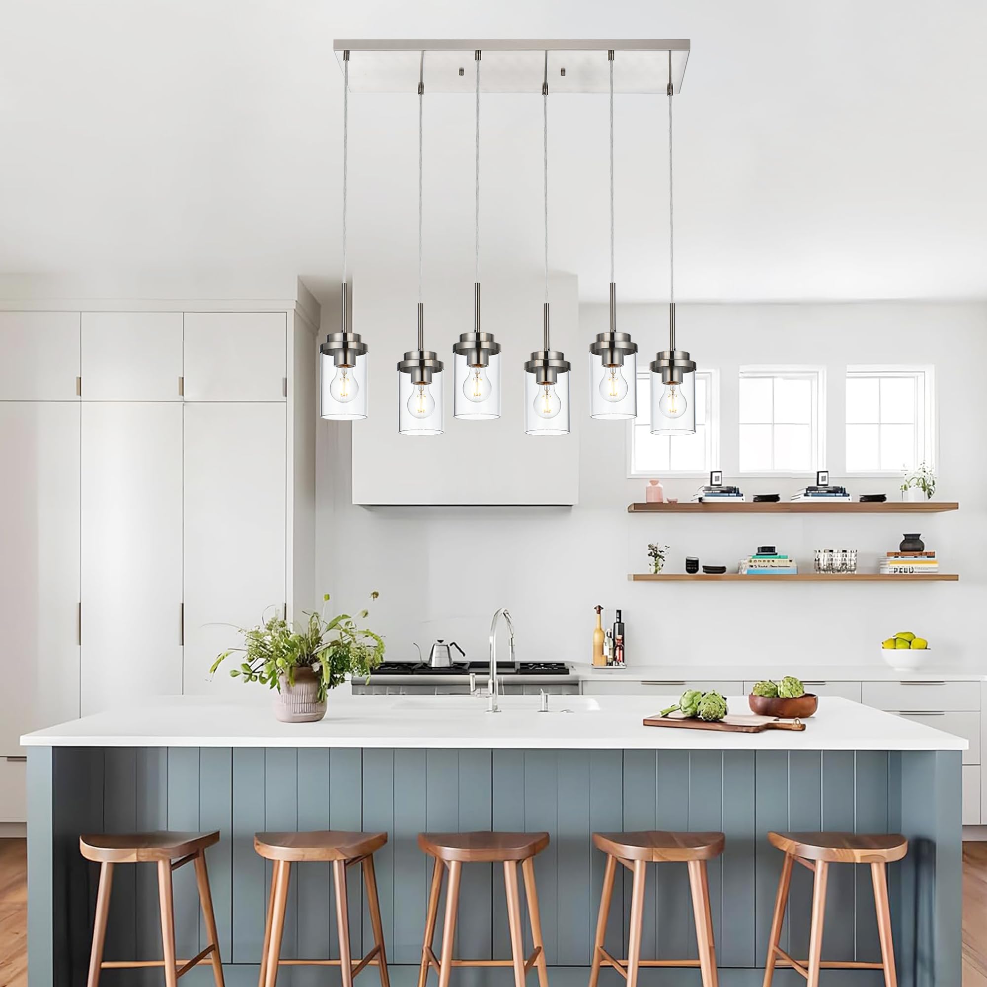 Modern 6-Light Linear Chandelier - 30.5 Inch Brushed Nickel Pendant Lighting with Clear Glass Shades for Kitchen Island & Dining Room | Perfect for Contemporary Home Decor, Restaurant Lighting, and Open Concept Spaces