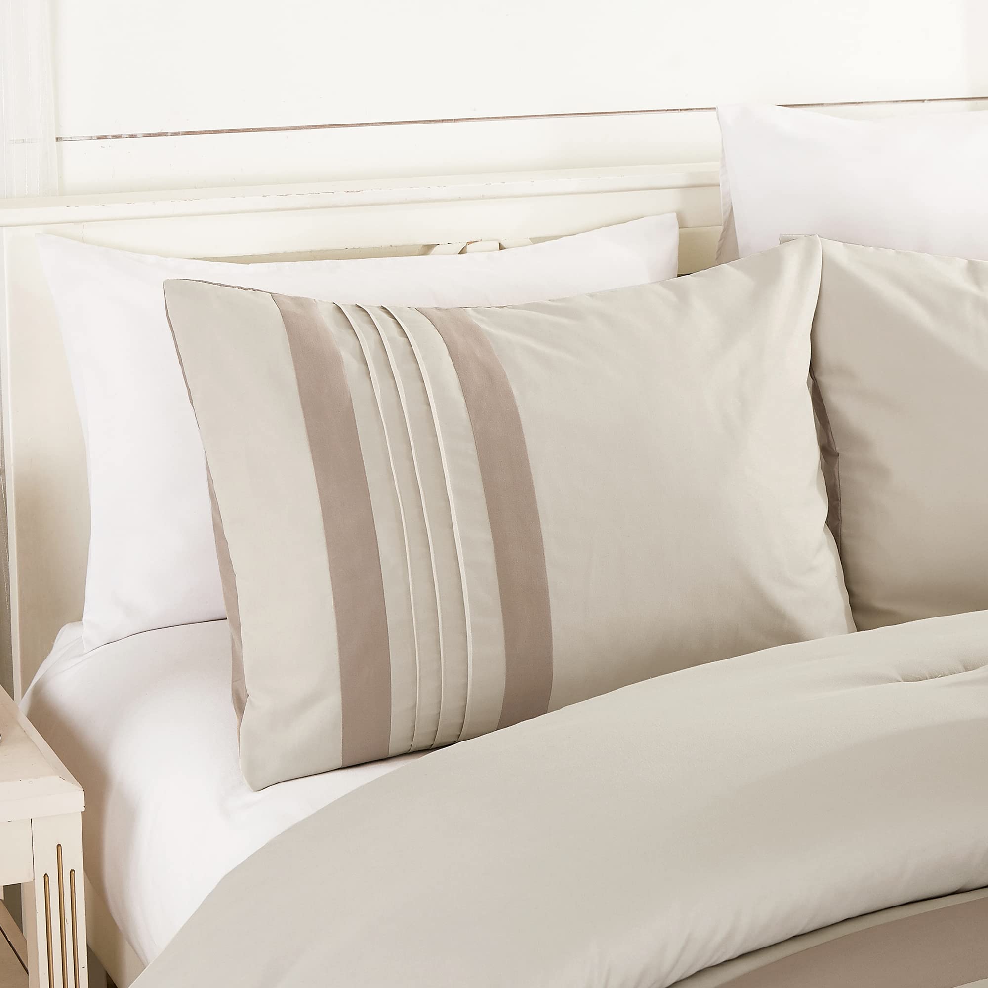 Chezmoi Collection Ariel 7-Piece Taupe Geometric Chenille Embroidery Pleated Striped Comforter Bedding Set Queen Size - Soft Luxury Bedroom Decor for Modern Homes & Guest Rooms