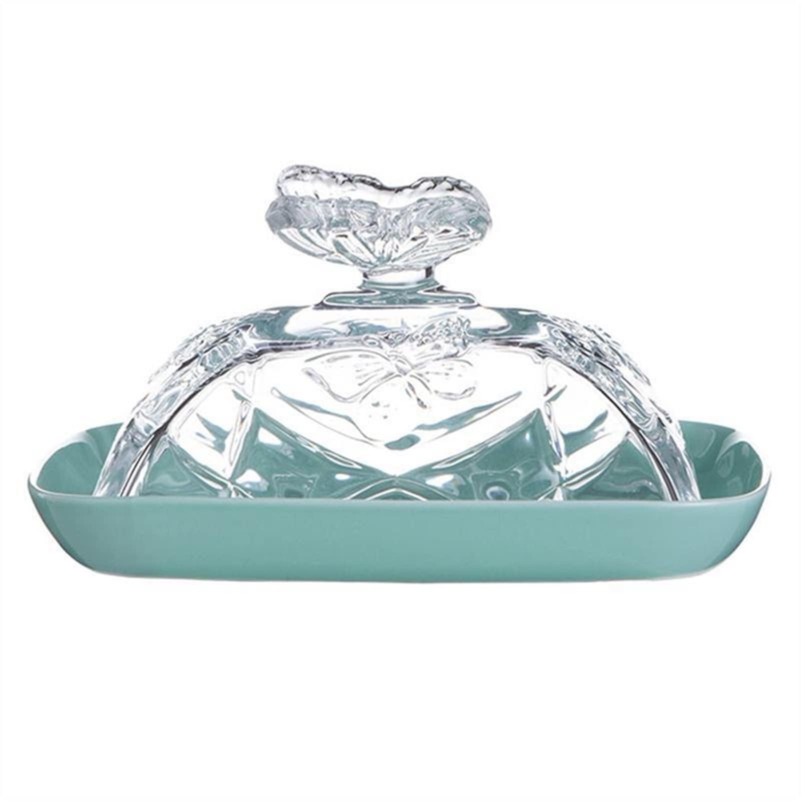 Ceramic Butter Dish with Glass Lid - 17.5x12.5x9cm Green Butter Storage Container for Cheese, Bread & Kitchen Organization | Perfect for Dining Tables, Breakfast Trays & Entertaining