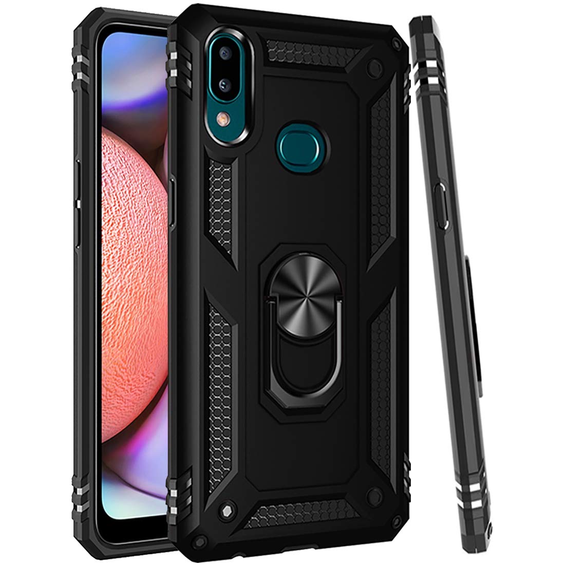 Military Grade Protective Case for Samsung Galaxy A10S with Magnetic Car Mount & Kickstand - Shockproof Defender Cover for Everyday Use, Commuting, and Hands-Free Driving (Black)