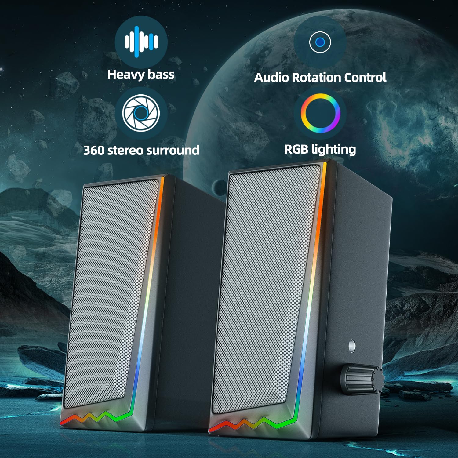 Computer Speakers with 3.5mm Aux, RGB Gaming Speakers with Volume Control, Desktop Speakers for PC/Monitor/Laptop/Tablet/Phone, Perfect for Gaming, Work, and Home Entertainment