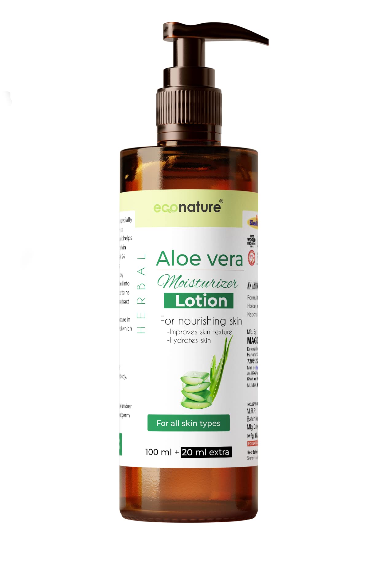 Econature Aloe Vera Body Lotion for Men & Women - 24H Deep Hydration Moisturizer for Dry Skin (120ml) | Soothing & Nourishing with Pure Aloe Vera | Perfect for Daily Skincare & After Sun Care