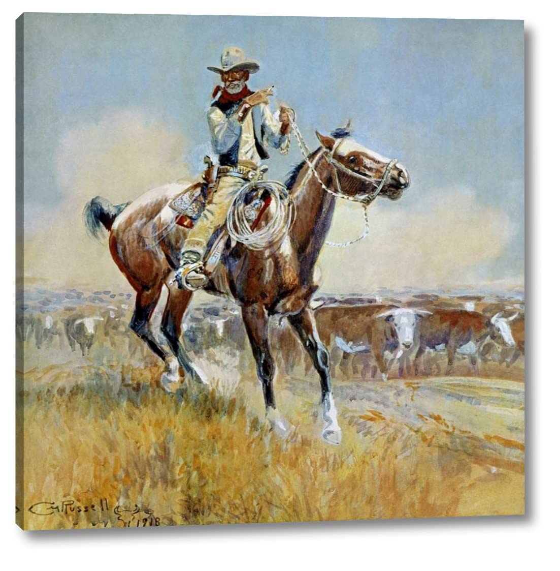 Charles M. Russell 'Beef for the Fighters' 38x38 Inch Canvas Art Print - Premium Gallery Wrapped Wall Decor - Ready to Hang - Perfect for Western Themed Home, Office, or Cowboy Bar Decor