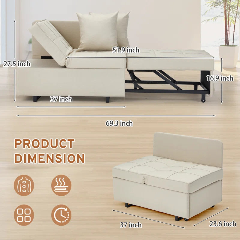 EROMMY 3-in-1 Convertible Sleeper Sofa Bed - Adjustable 5-Position Backrest, Pull-Out Guest Bed with Premium Faux Linen Fabric (Beige) - Perfect for Small Spaces, Apartments & Home Offices
