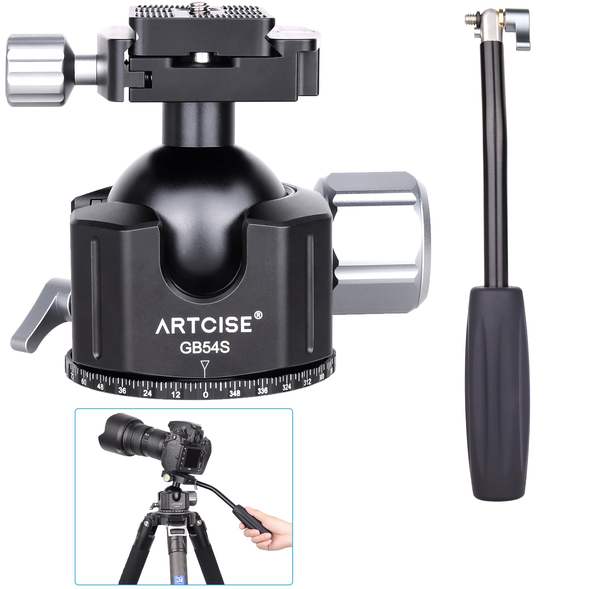 ARTCISE 54mm Low Profile Ball Head with Handle - Heavy Duty All Metal CNC Panoramic Tripod Ball Head for DSLR Cameras, Camcorders, Tripods & Monopods - 77lbs/35kg Max Load - Perfect for Landscape Photography, Vlogging & Professional Video Shooting