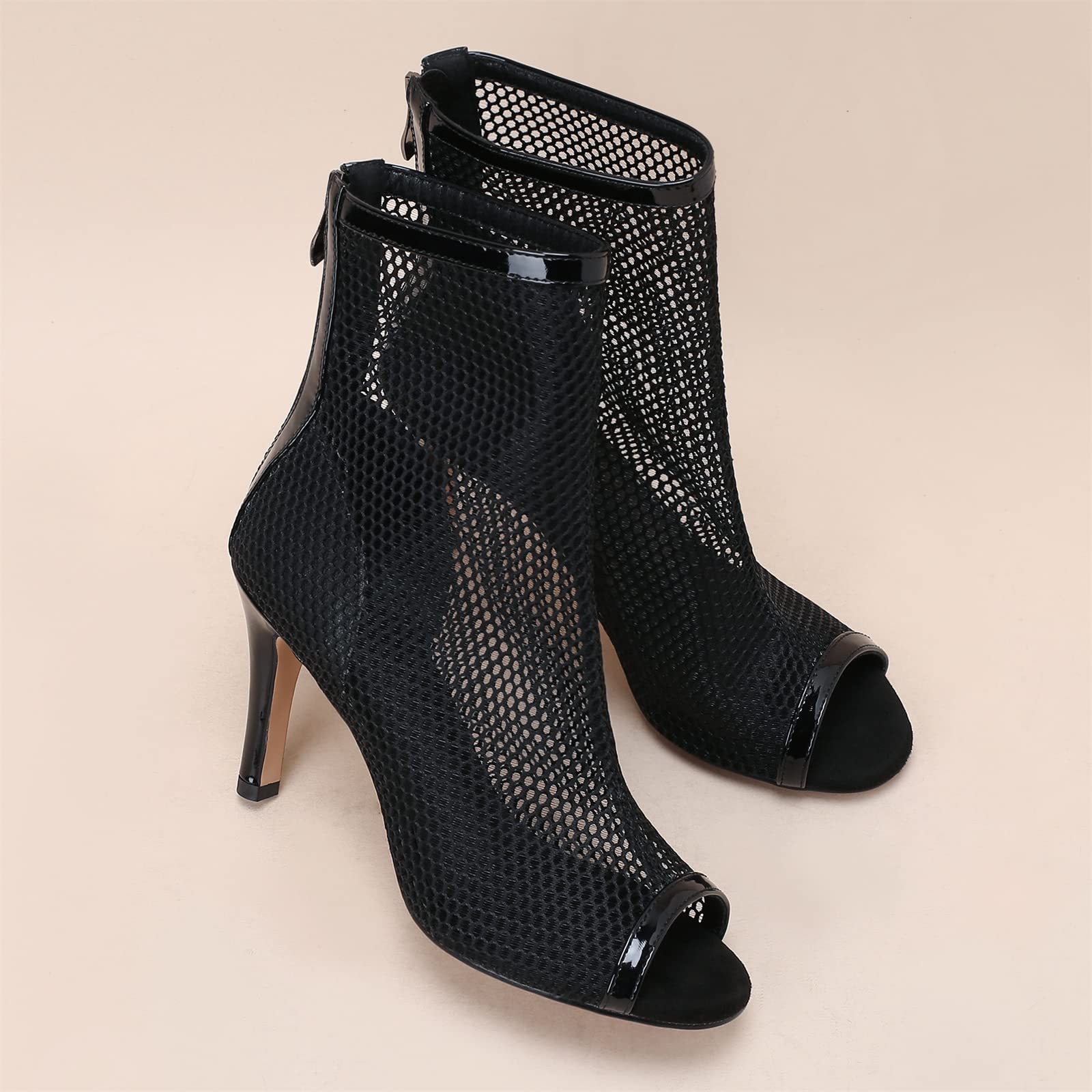 Elbslutt Women's Peep Toe Mesh Ankle Boots - Stiletto Heel Lace Up Summer Booties - High Heel Sandals & Dress Boots for Party, Club & Evening Wear