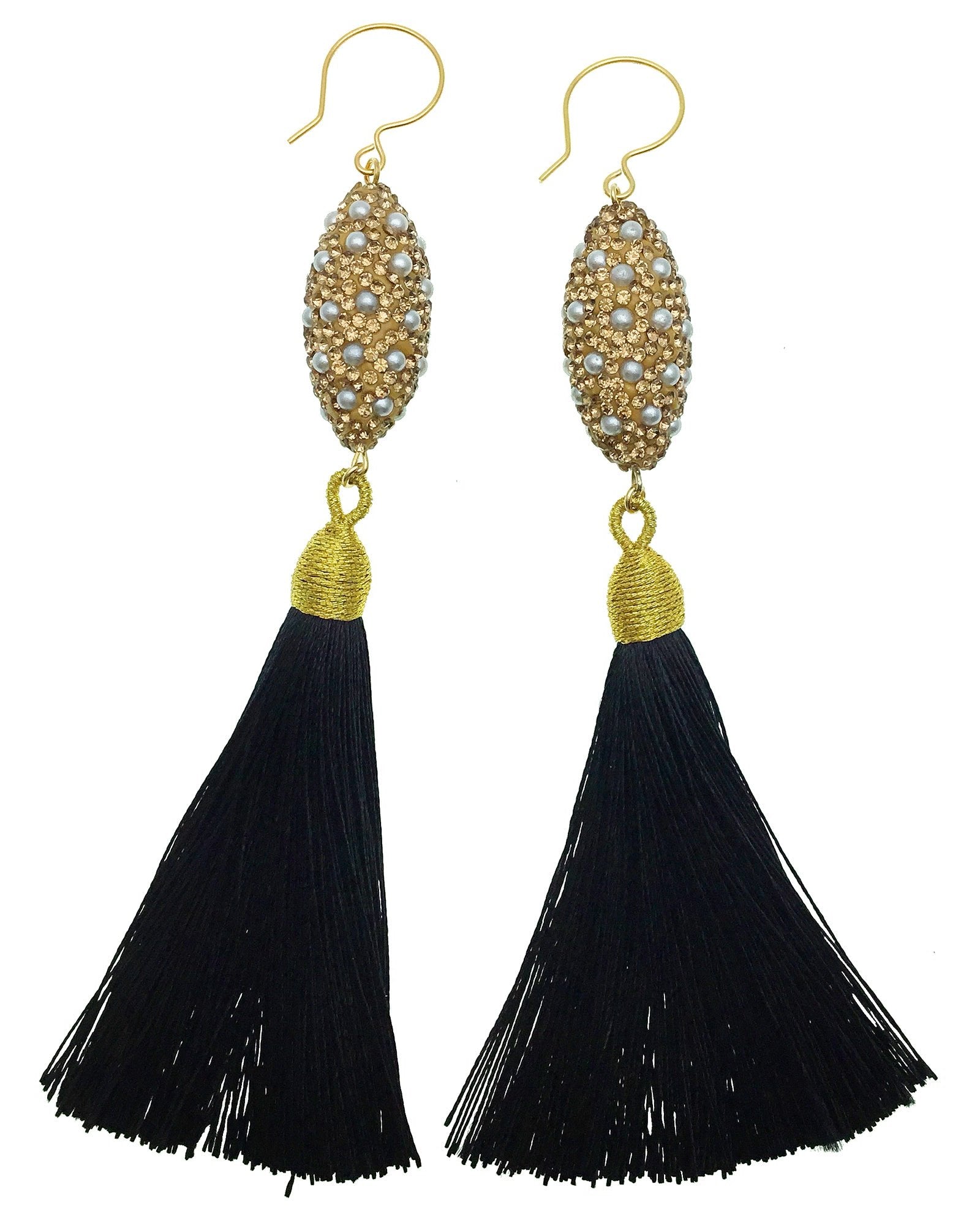 Sparkling Rhinestone & Pearl Black Tassel Drop Earrings for Women | Elegant Dangle Jewelry for Parties, Weddings & Special Occasions