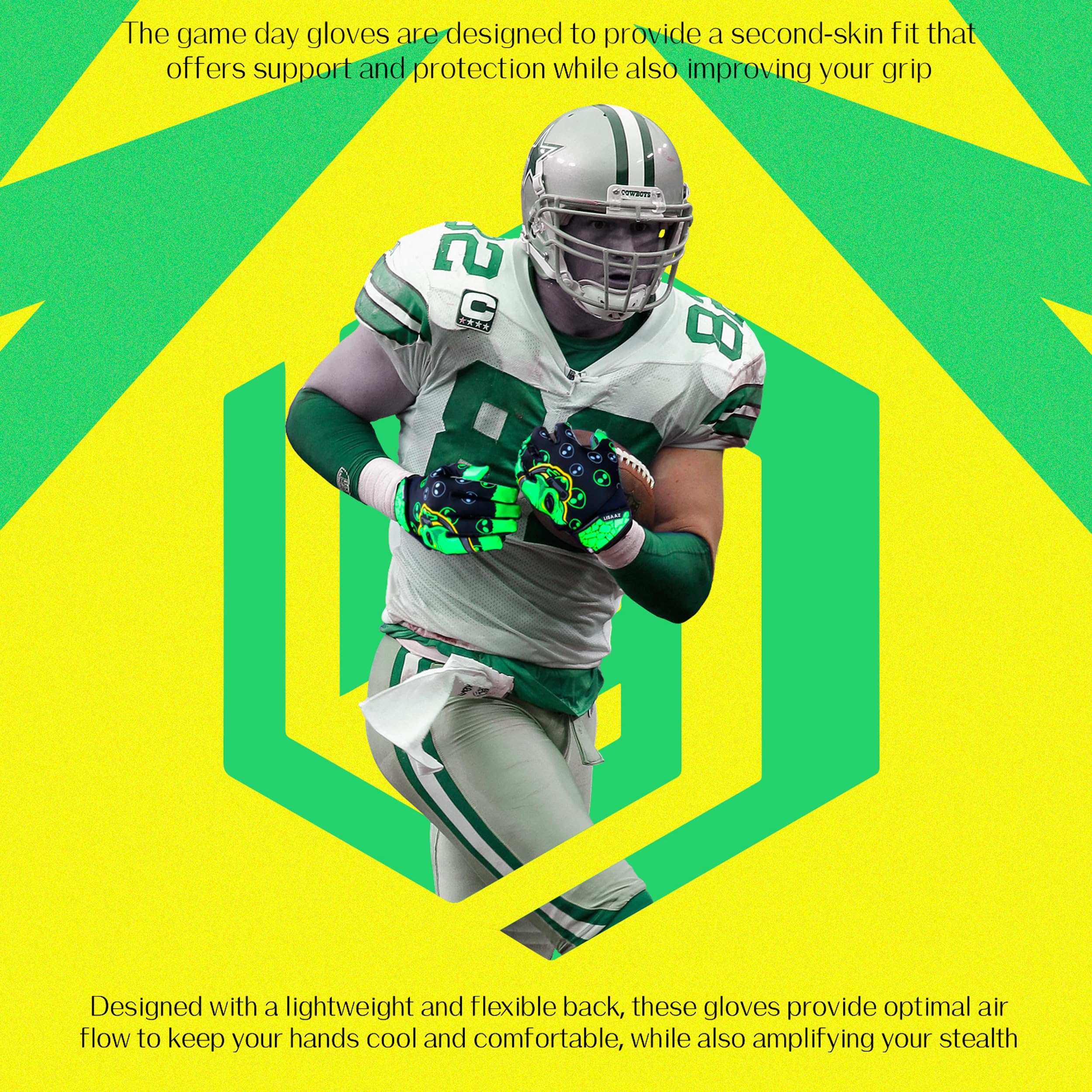 Alien Pro Football Gloves for Men & Youth - Tacky Grip, Enhanced Ball Feel - Receiver Gloves for Kids 8-12 & Adults - Perfect for Training, Games & Competitive Play