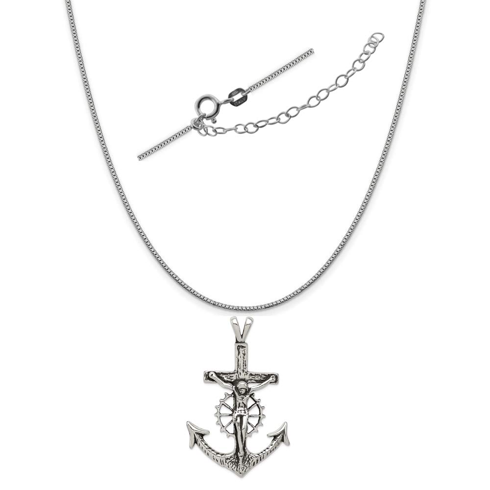 Antiqued Sterling Silver Mariner Crucifix Charm Necklace - Adjustable Chain with 2