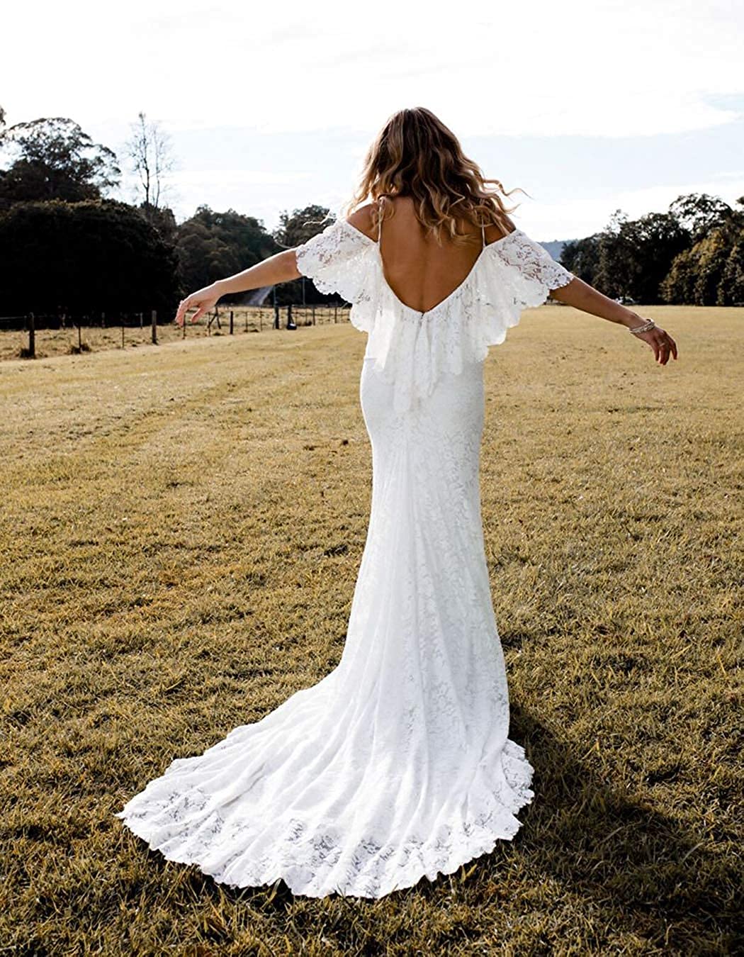 Boho Lace Wedding Dress for Bride - Long Tulle A-Line Backless White Bridal Gown | Perfect for Beach, Garden & Vintage Theme Ceremonies