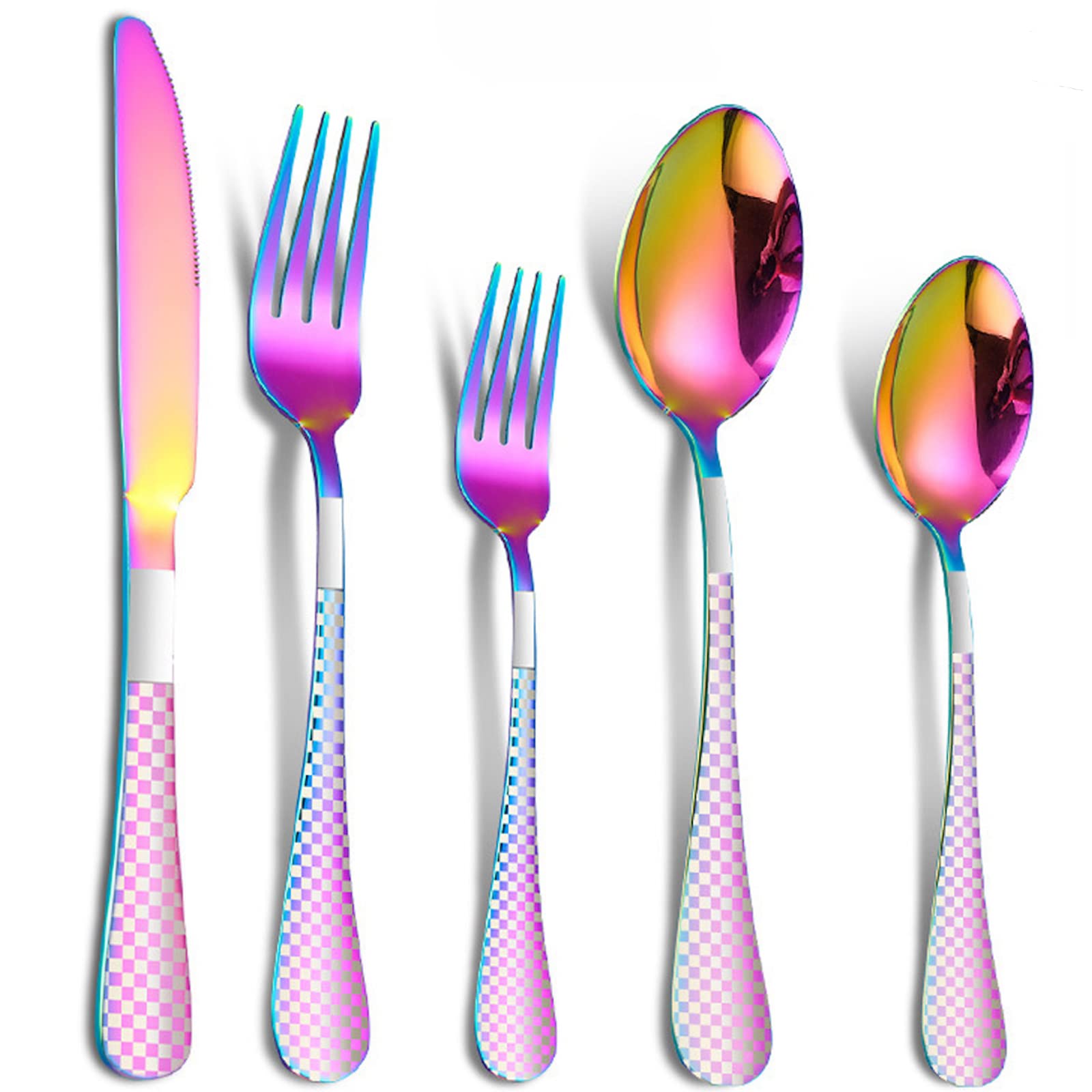 20-Piece Stainless Steel Flatware Set for 4 - Knives, Forks & Spoons with Colorful Plaid Print - Dishwasher Safe Silverware Set - Perfect for Dinner Parties, Family Meals & Everyday Dining