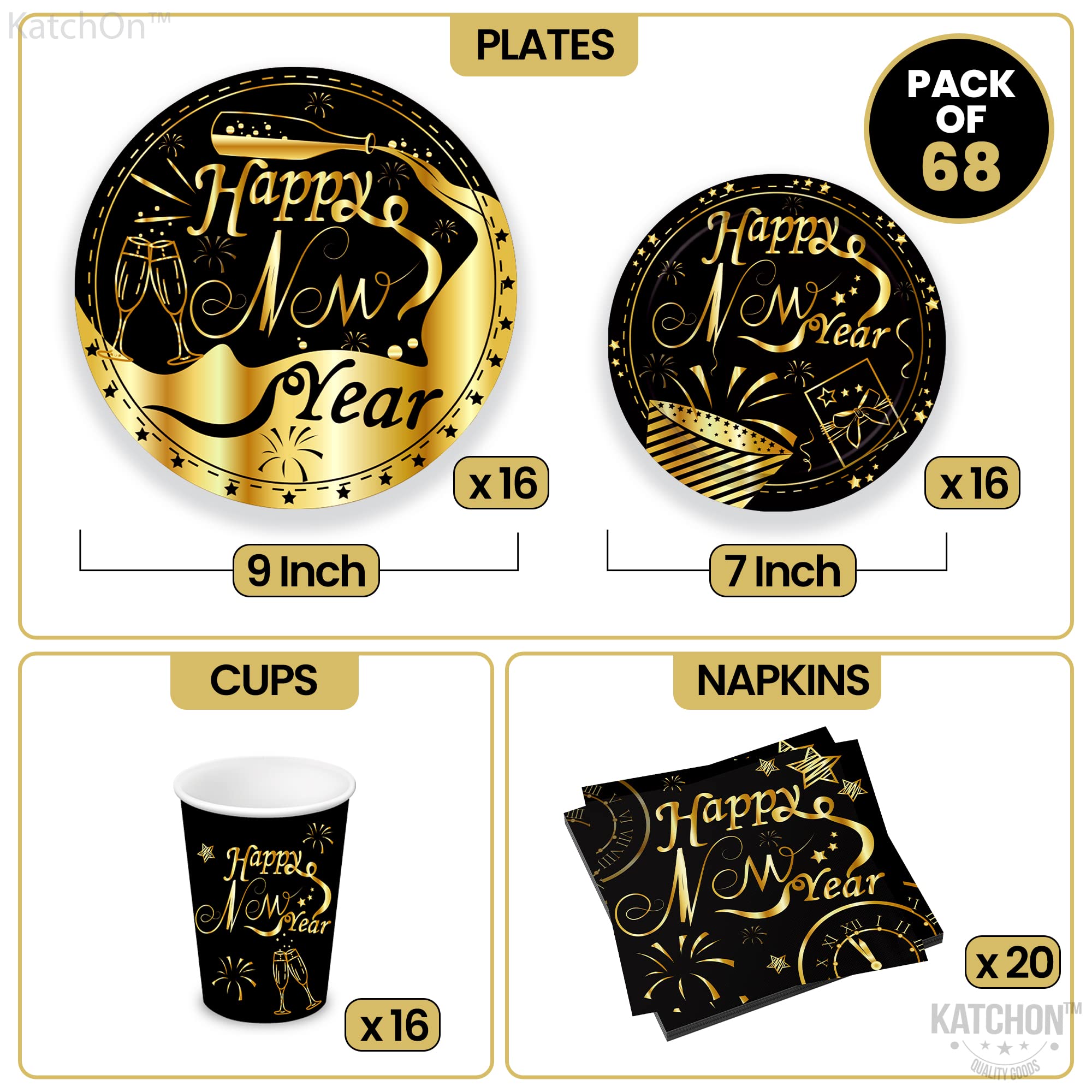 KatchOn New Year's Eve Party Plates & Napkins Set - 16-Piece Disposable Dinnerware for 2025 NYE Celebrations | Happy New Year Decorations & Party Supplies - Perfect for Countdown Parties, Family Gatherings & Festive Events