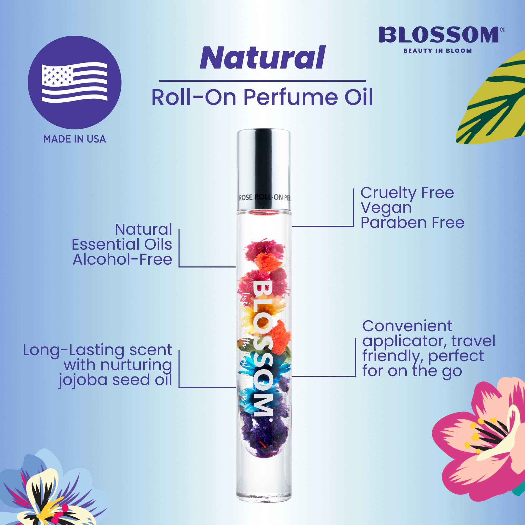 Blossom Roll-On Perfume Oil for Women - Alcohol-Free Essential Oil Rollerball with Real Flowers (Rose, Violet, Lily, Magnolia, Amber, Cedarwood) | 0.20oz | Made in USA | Perfect for Daily Wear, Date Nights & Gift Giving