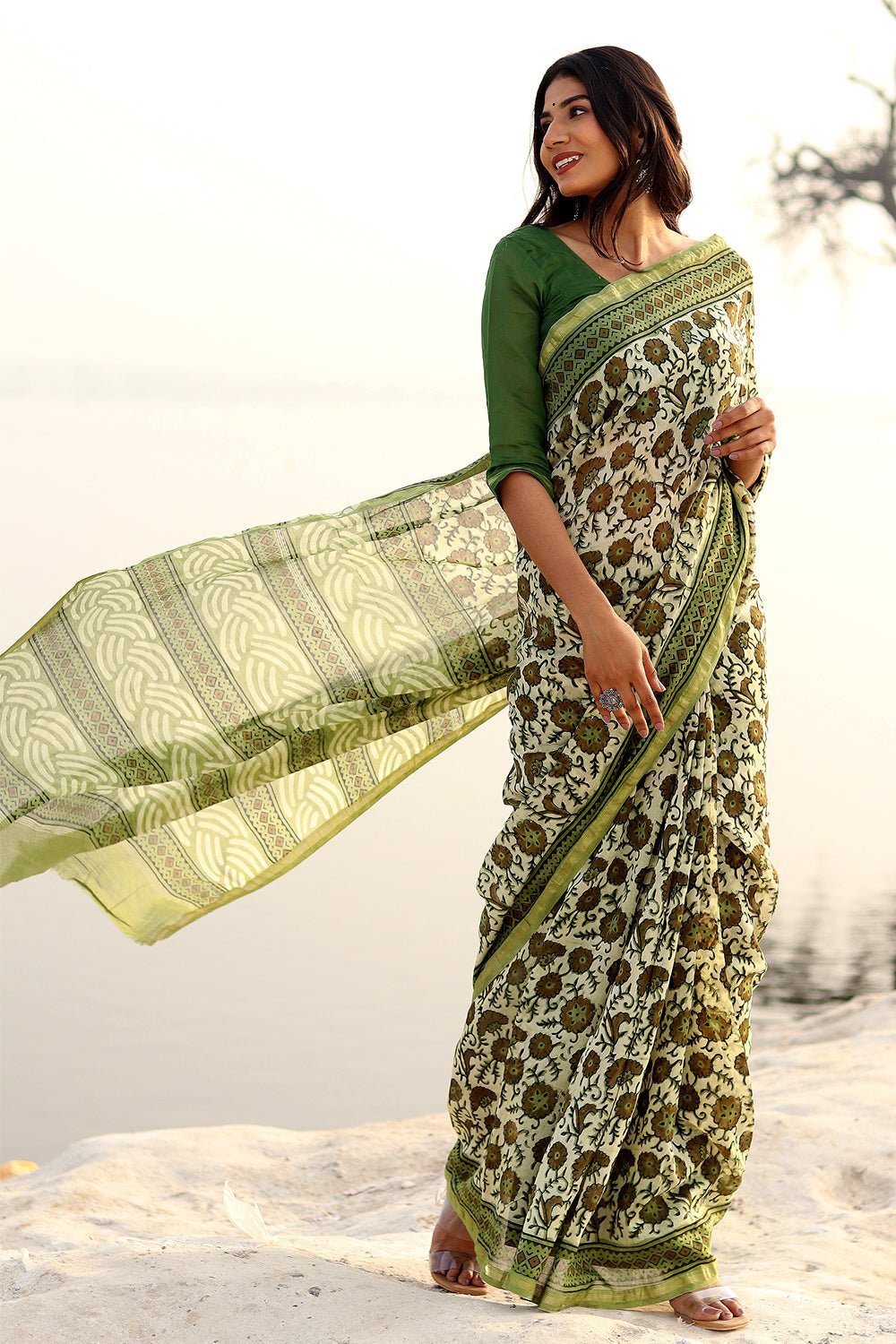 Handblock Printed Chanderi Saree in Shades of Green - Elegant Traditional Indian Wear for Weddings & Festivals