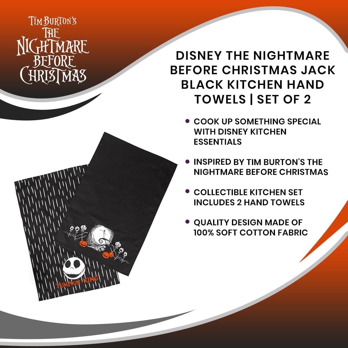 Disney The Nightmare Before Christmas Jack Skellington Black Hand Towels Set of 2 - Quick Dry Absorbent Kitchen Towels for Dishes & Cleaning | Gothic Halloween Home Decor | Perfect for Halloween Parties, Kitchen Use & Gift Giving