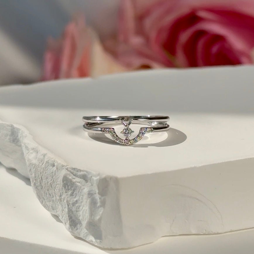 14k White Gold Diamond Curve Double Layer Band Ring for Women - Elegant Stackable Wedding Band, Anniversary Gift, or Everyday Jewelry
