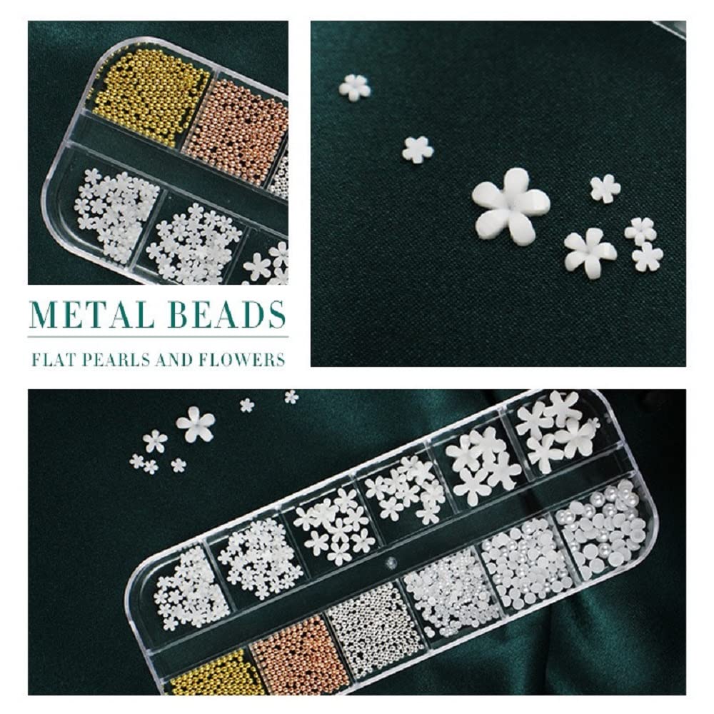 3D Resin Flat Flower Pearl Metal Beads for Nail Art - DIY Manicure Decorations & Nail Accessories - Perfect for Salon, Home Nail Design, and Party Glam Looks