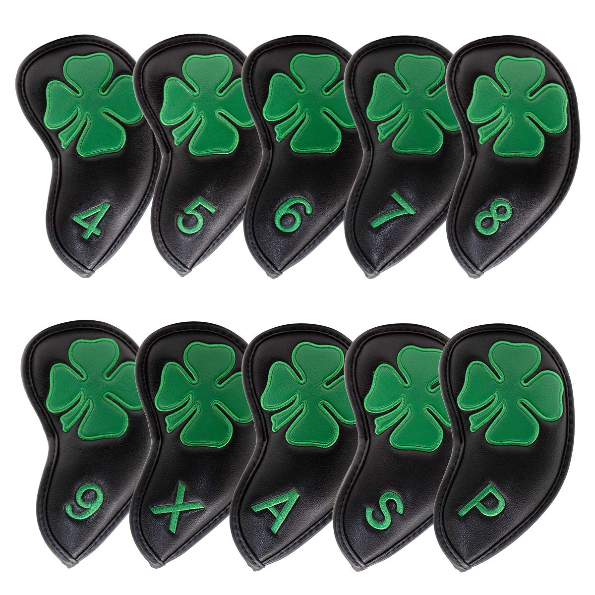Premium Leather Golf Iron Head Covers Set of 10 - Lucky Clover Design with Magic Tape for All Brand Clubs | Protective Club Covers for Golf Bags & Travel Cases
