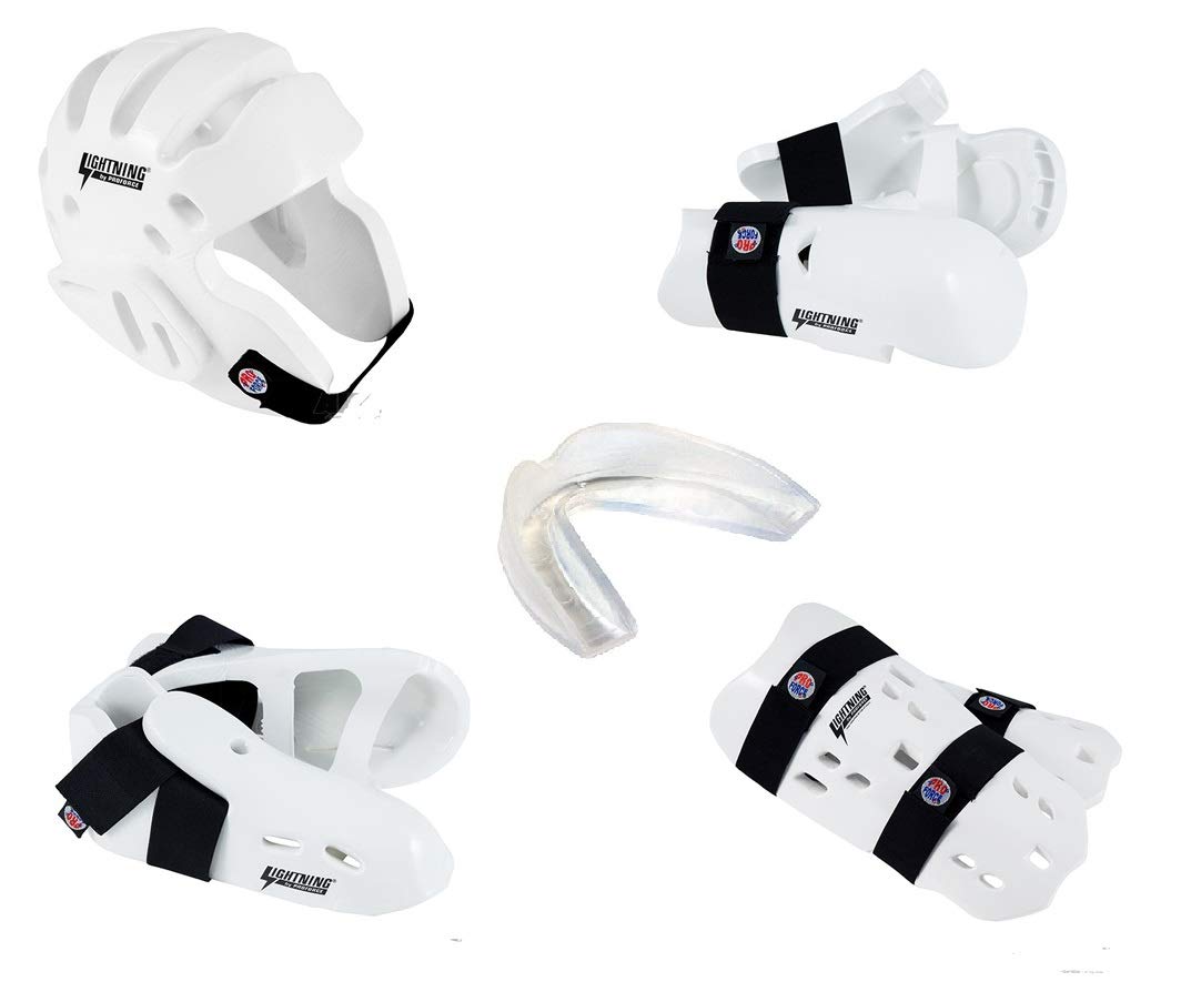 Lightning 8-Piece Deluxe Youth Football Gear Set with Shin Guards & Free Mouthguard (Black, Child Large) - Perfect for Youth Football Training, Games, and Safety Protection