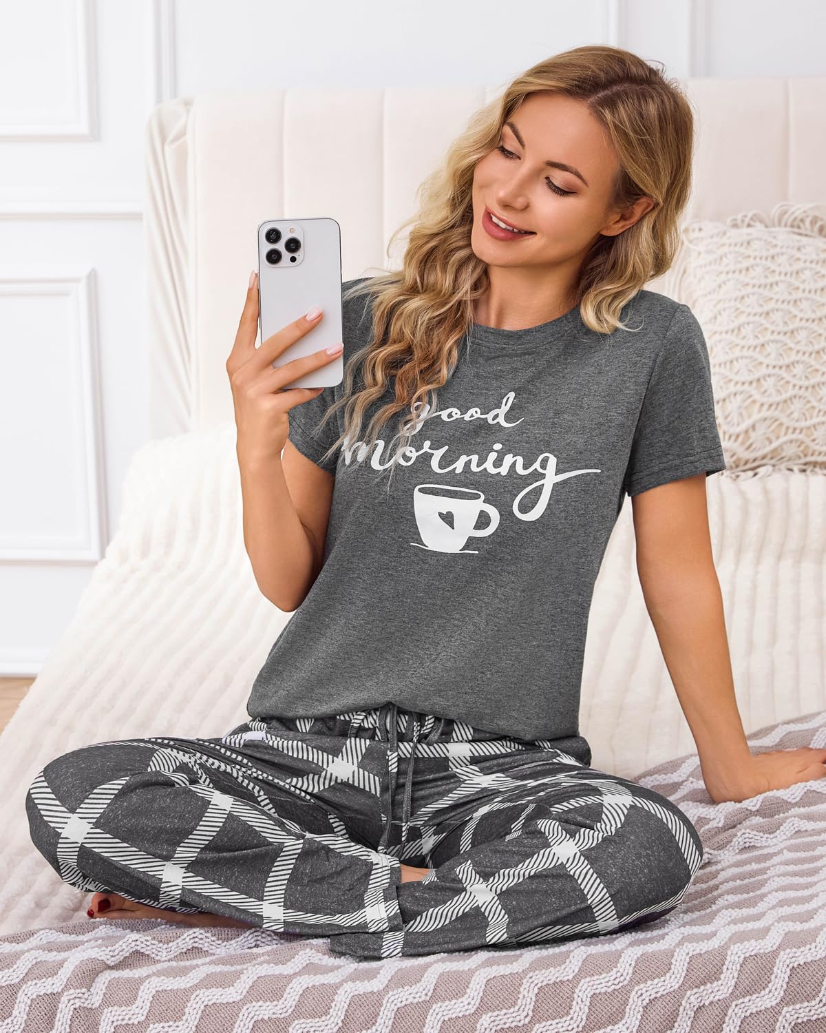 Difficort Women's Pajama Sets - Soft Short Sleeve Sleep Shirt & Comfortable Long Pants Lounge Outfit with Pockets - Perfect for Sleeping, Lounging & Home Relaxation
