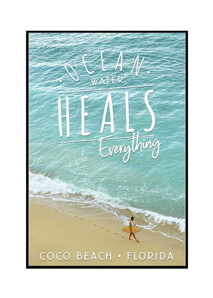 Florida Coco Beach Surfer Walking on Ocean Shore - Healing Water Art Print (24x36 Framed Gallery Wrapped Canvas) - Perfect for Beach House Decor, Living Room Wall Art & Coastal Theme Bedroom