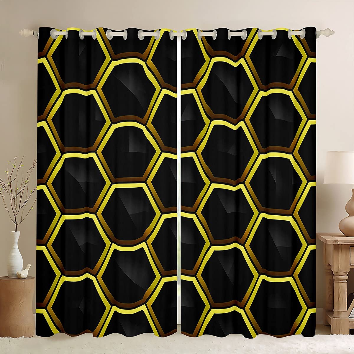 Black & Yellow Hexagon Geometric Window Curtains - Castle Fairy Honeycomb Pattern Brushed Curtains Set (2 Panels, 104W x 84L Inches) - Perfect for Living Room, Bedroom & Nursery Decor