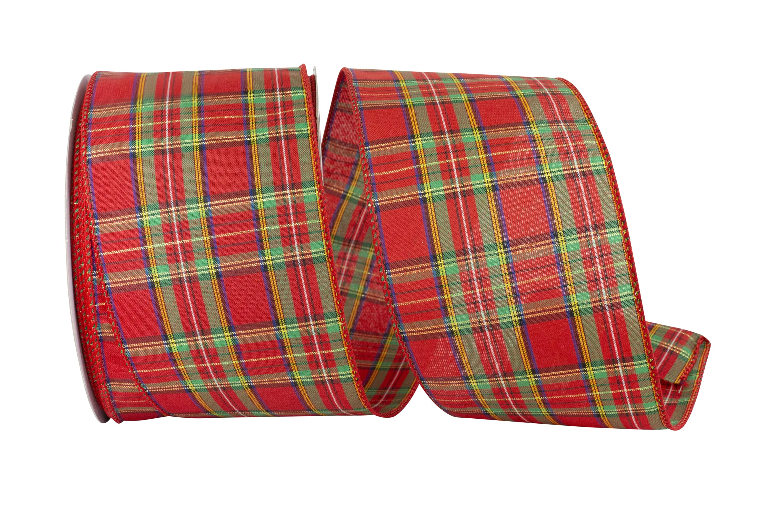 Reliant Ribbon Plaid Multi Classic Value Wired Edge Ribbon - 4 Inch x 50 Yards, Red - Perfect for Gift Wrapping, Holiday Decorations, and DIY Craft Projects