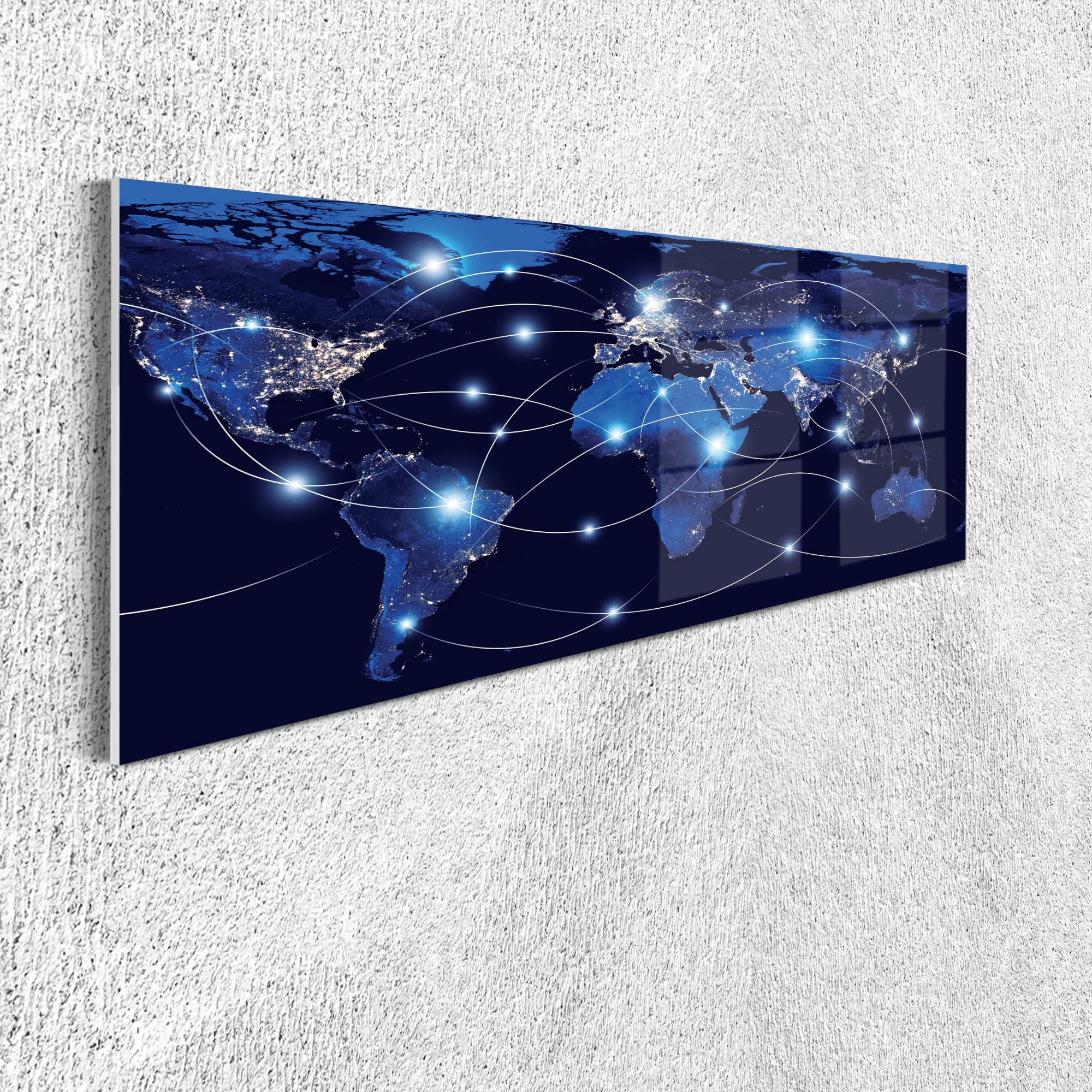 Ambesonne World Map Acrylic Glass Wall Art - Panoramic Night Continents Illustration, Modern Global Networking Decor for Living Room, Bedroom & Dorms - 47