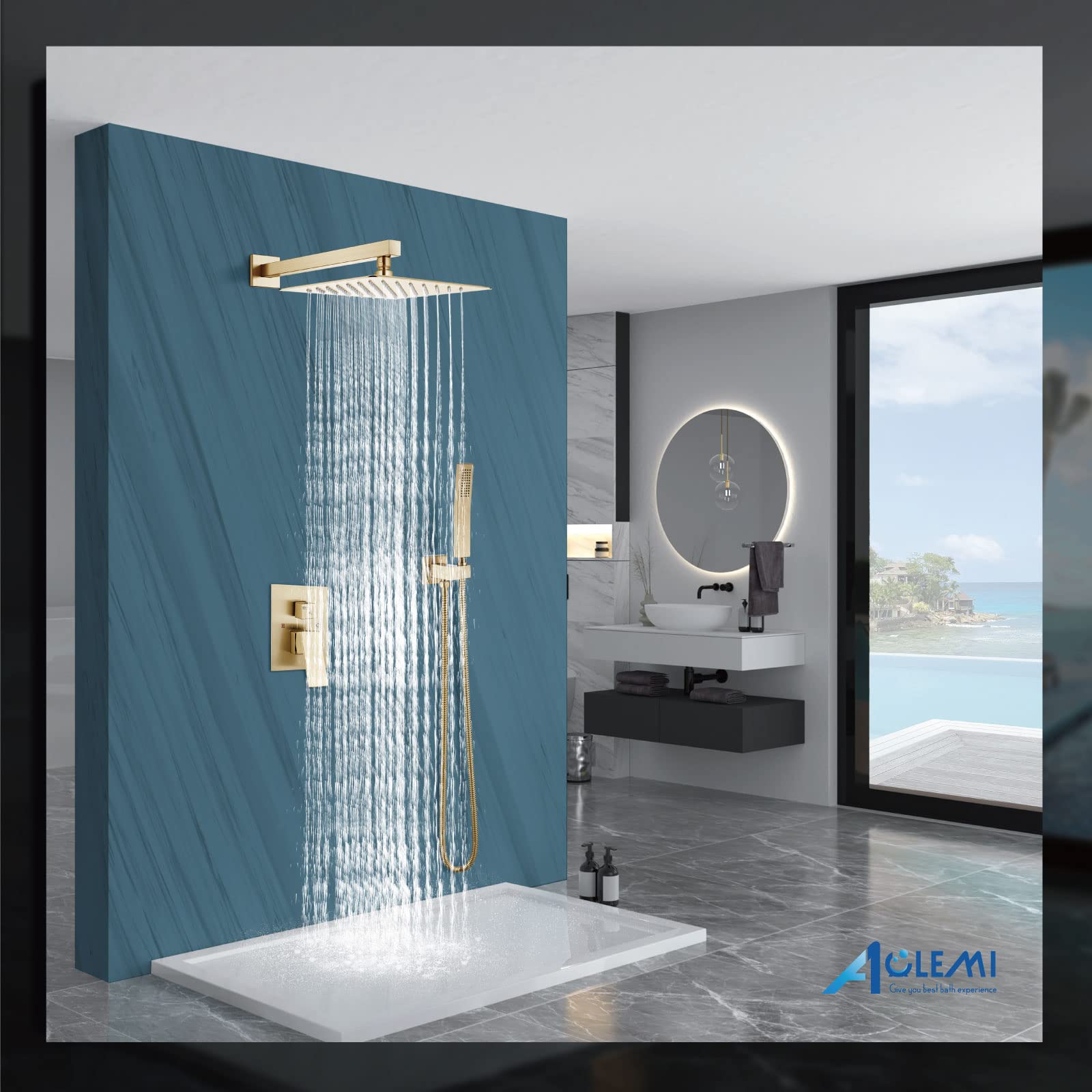 Aolemi 10 Inch Wall Mount Shower Faucet Set - Brushed Gold Rain Shower System with Handheld Spray, Rough-in Valve & Trim Kit | Bathroom Shower Combo for Luxurious Spa-like Experience at Home