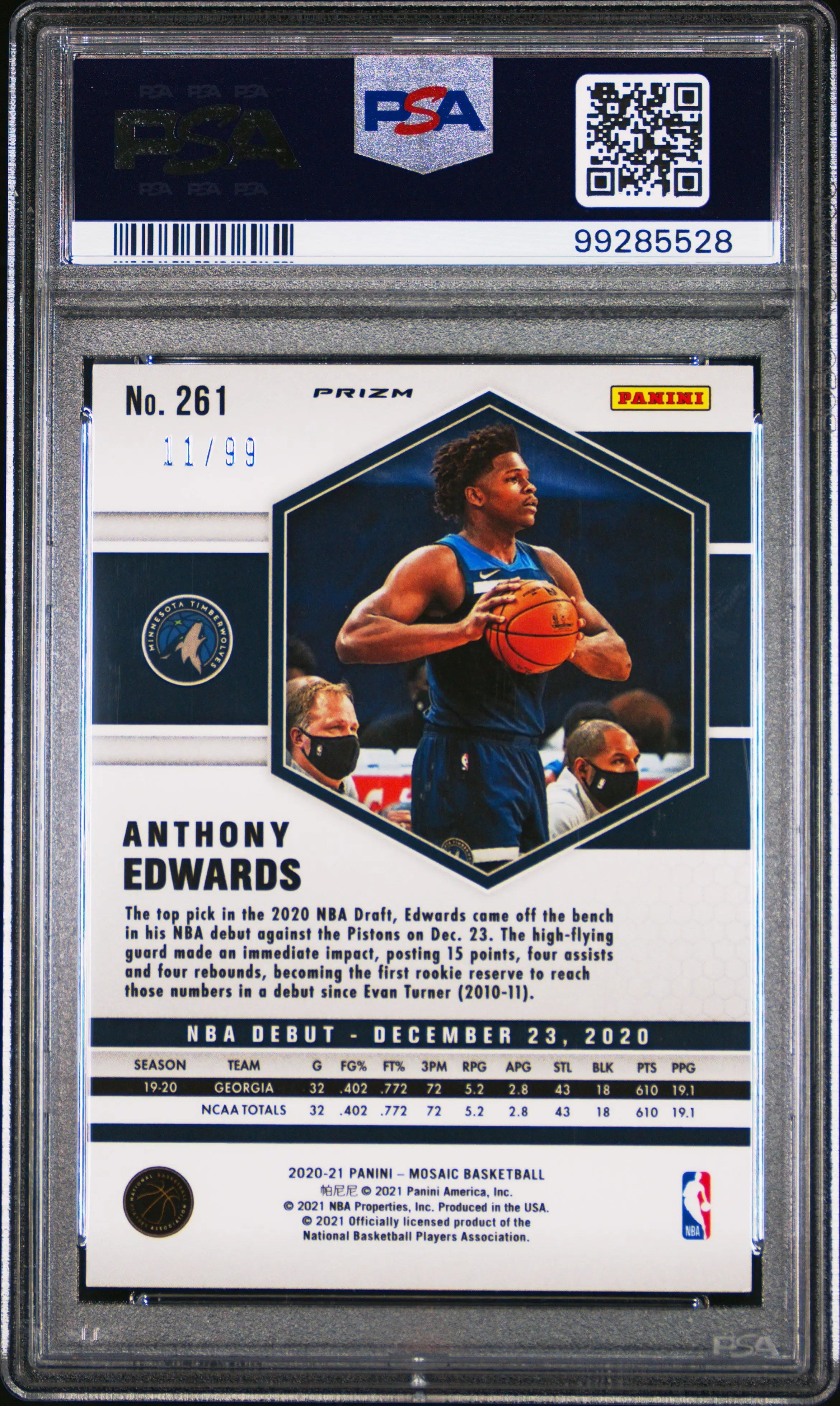 2020 Panini Mosaic Basketball Anthony Edwards Rookie Card Blue PSA 9 /99 - Rare Collectible for NBA Fans & Sports Memorabilia Enthusiasts