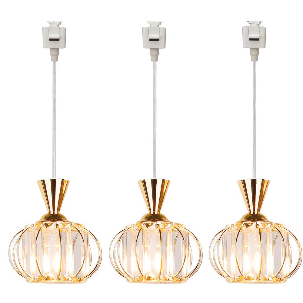 Dimmable Rose Gold Iron Cage Pendant Light - Juno-Type Track Lighting with Clear Crystal Shade | Modern Kitchen Island Lighting | Customizable 3-Light Fixture for Dining Room, Bar & Living Room