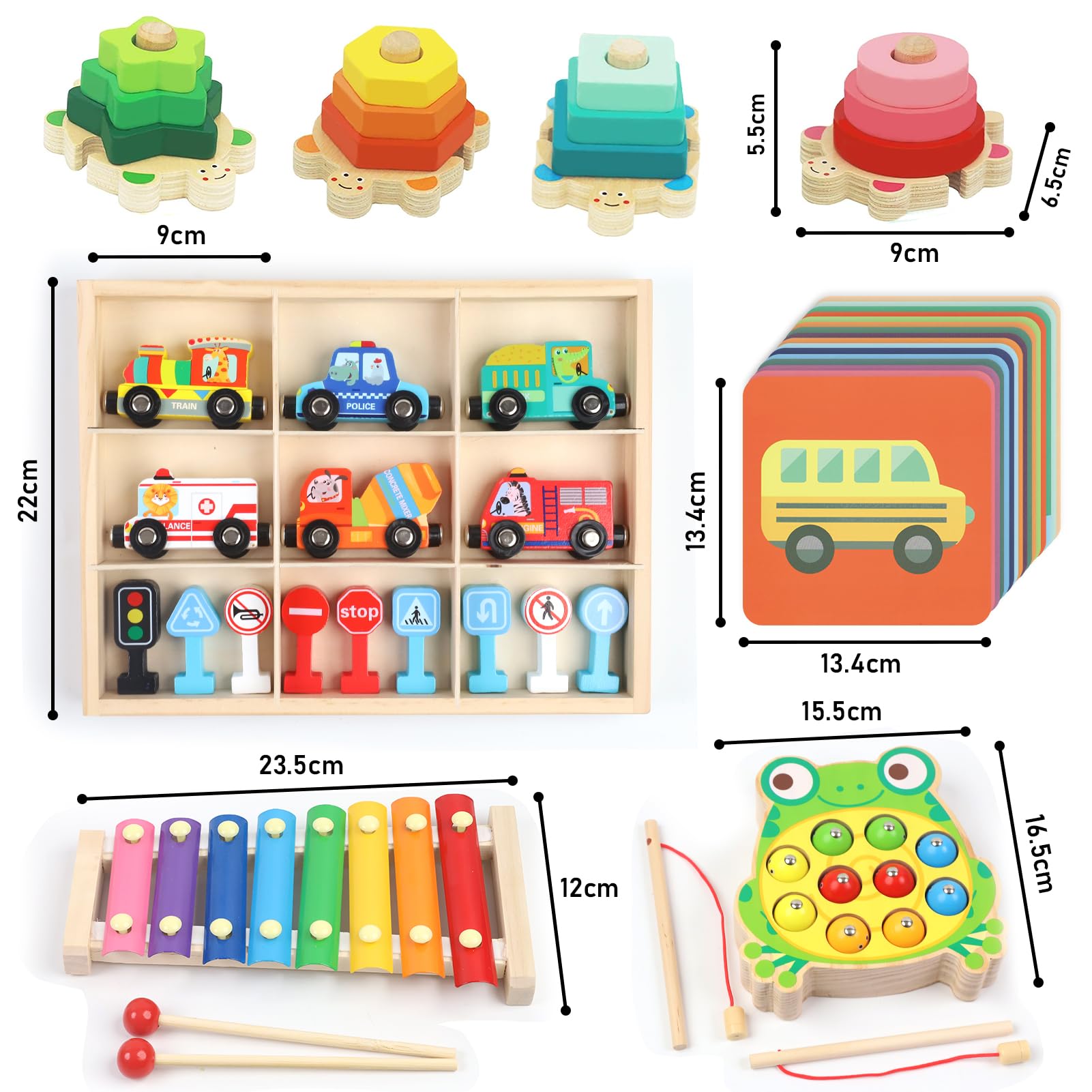 Montessori Wooden Toys for 1-2 Year Olds - Educational Baby Toy Set with Xylophone, Stacking Blocks, Sorting Game, Fishing Toy & Flash Cards | Toddler Learning Activities for 12-24 Months Boys & Girls | Perfect for Early Childhood Development & Playtime Fun
