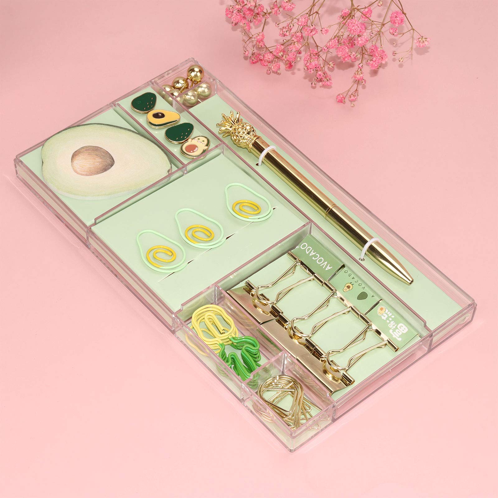 Cute Avocado Office Supplies Set - 33 Pcs Gold & Green Stationery Kit with Paper Clips, Binder Clips, Push Pins, Sticky Notes & Ballpoint Pen for Home, School & Office Organization