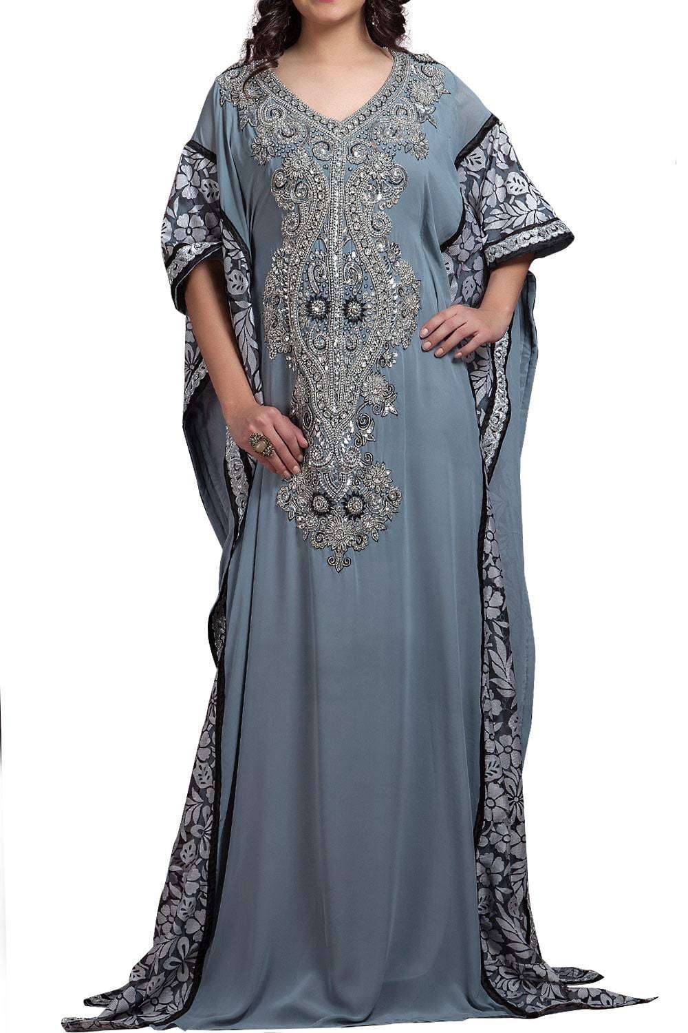 Elegant Gray Georgette Kaftan Dress - Flowy Long Sleeve Maxi Dress for Women - Perfect for Beach Cover Up, Boho Party & Summer Vacation