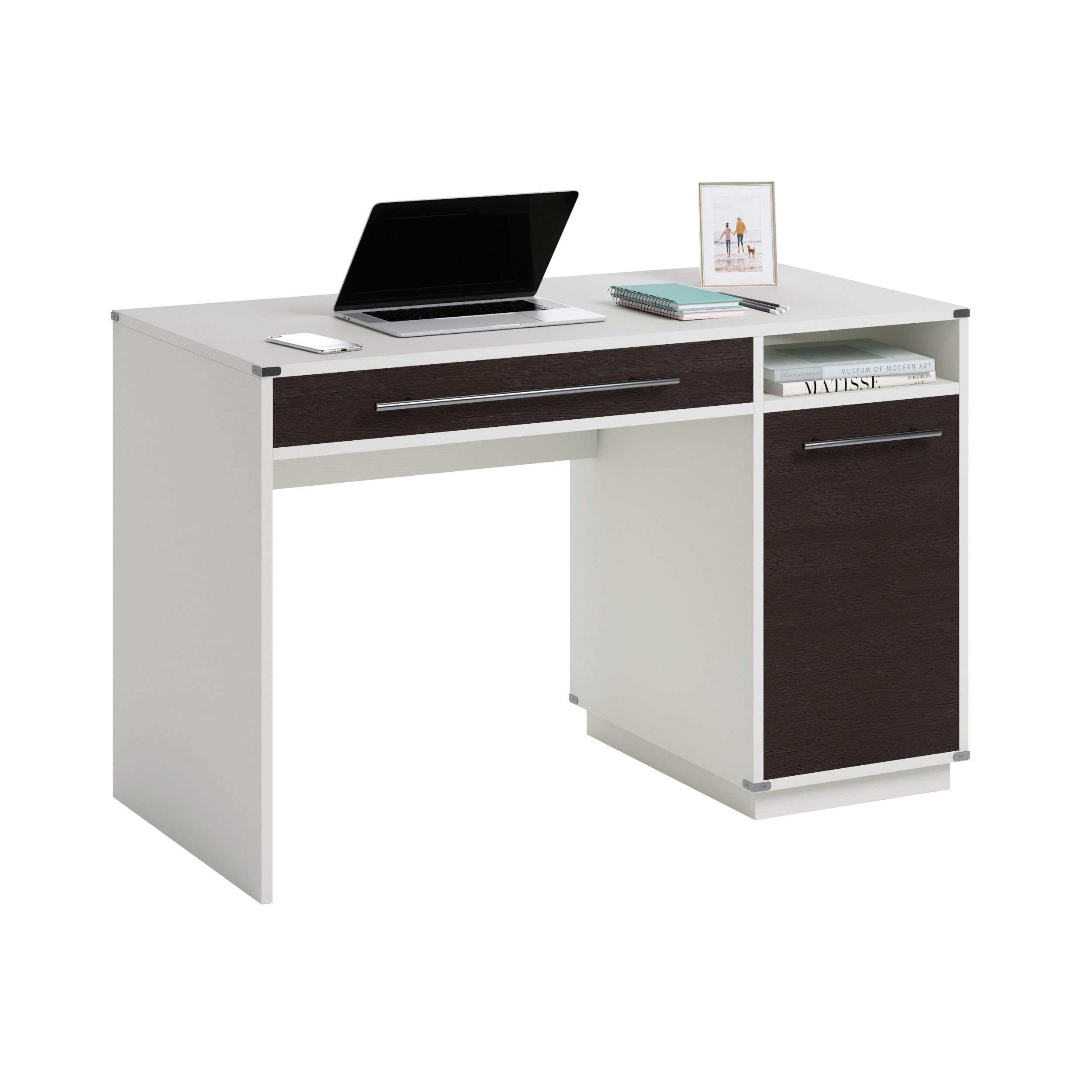 Sauder Vista Key Single Pedestal Computer Desk with Storage | Misted Elm Finish | Home Office Desk for Small Spaces, Work from Home & Study