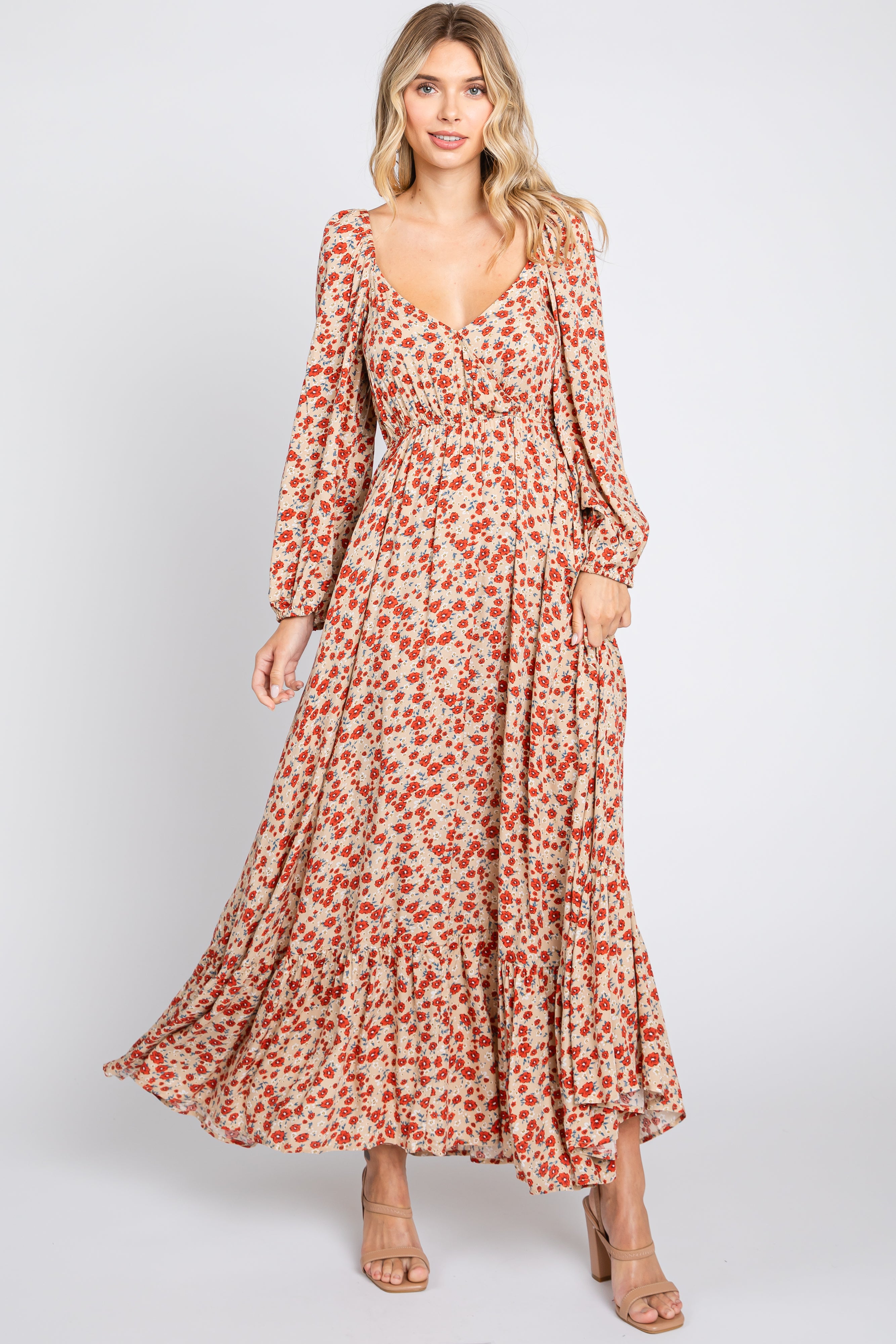 Beige Floral Square Neck Ruffle Maternity Maxi Dress for Pregnancy & Nursing - Comfortable Summer Maternity Dress for Baby Shower, Beach Vacation & Photoshoot