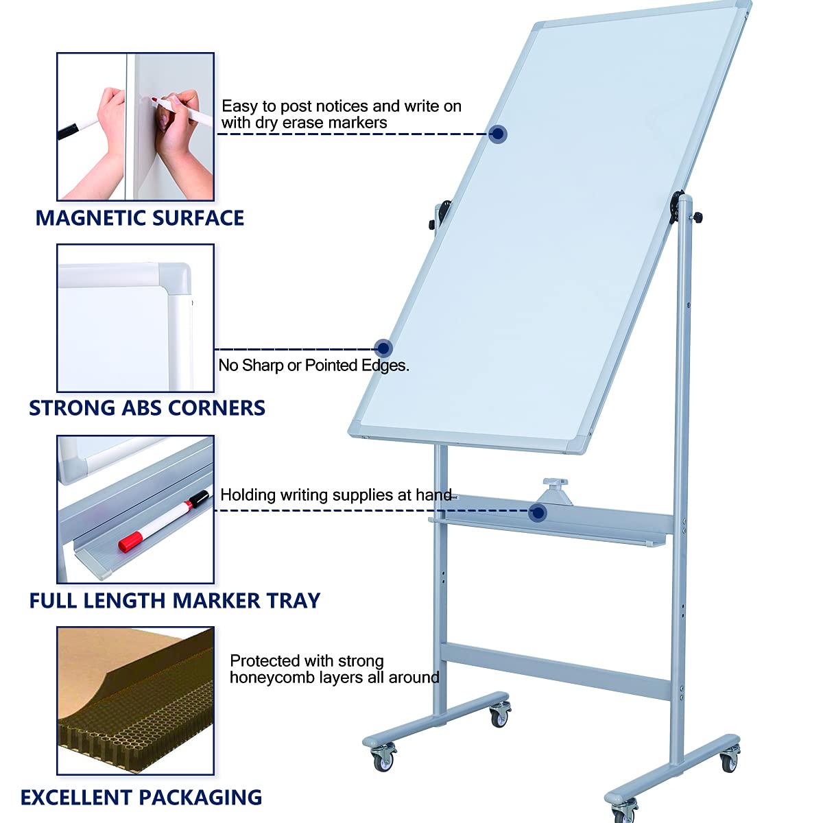 360° Reversible Magnetic Mobile Whiteboard 48x24-in - Portable Dry Erase Board with Wheels & Stand for Office, Classroom, Home - Includes 6 Dry Erase Markers & Eraser - Perfect for Presentations, Brainstorming & Teaching