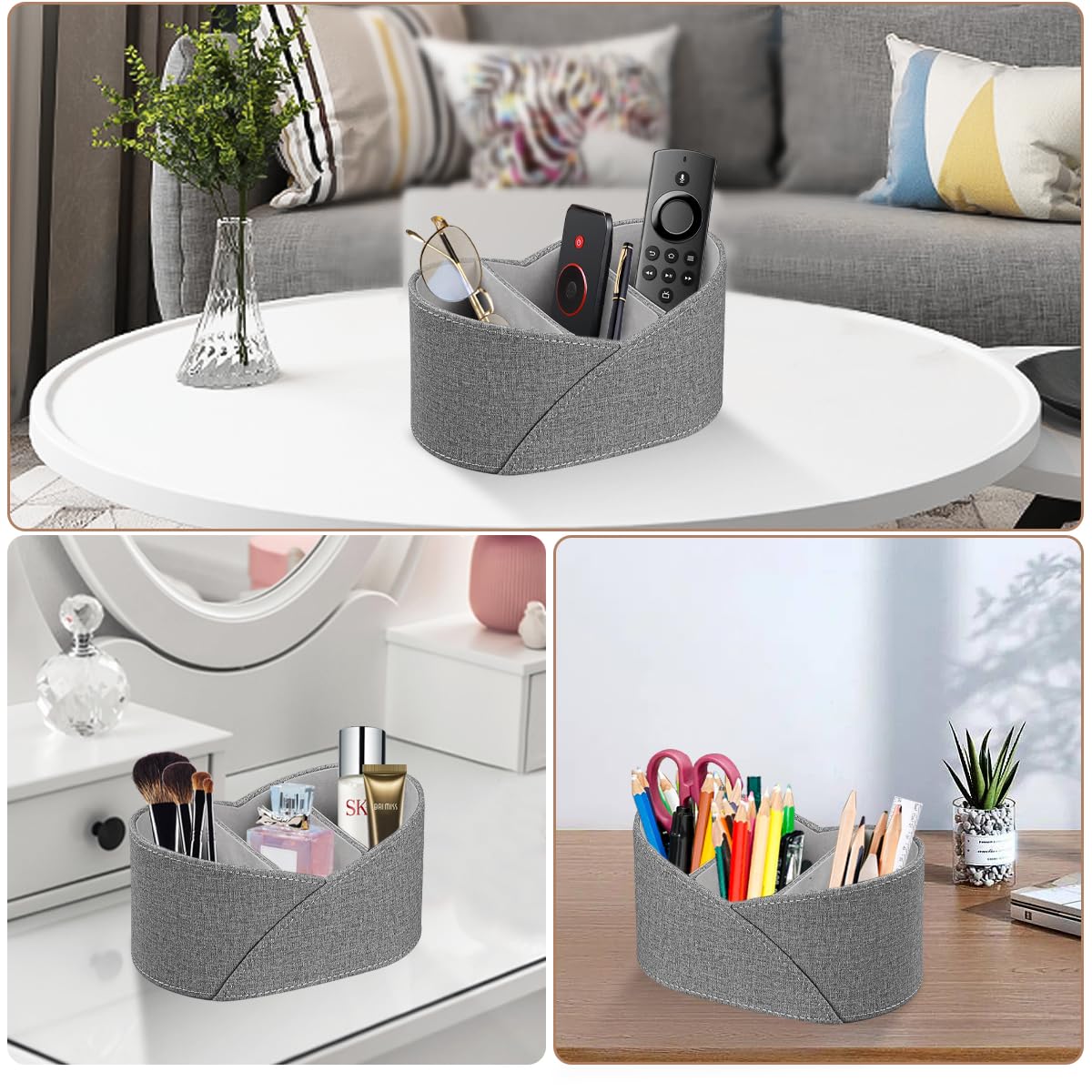YAPISHI 3-Compartment Remote Control Holder - Modern PU Leather Desk Organizer for Office, School & Home - Workspace Accessory for TV Remotes, Makeup, Stationery & Vanity Items - Perfect for Nightstand, Dresser & Desk Organization