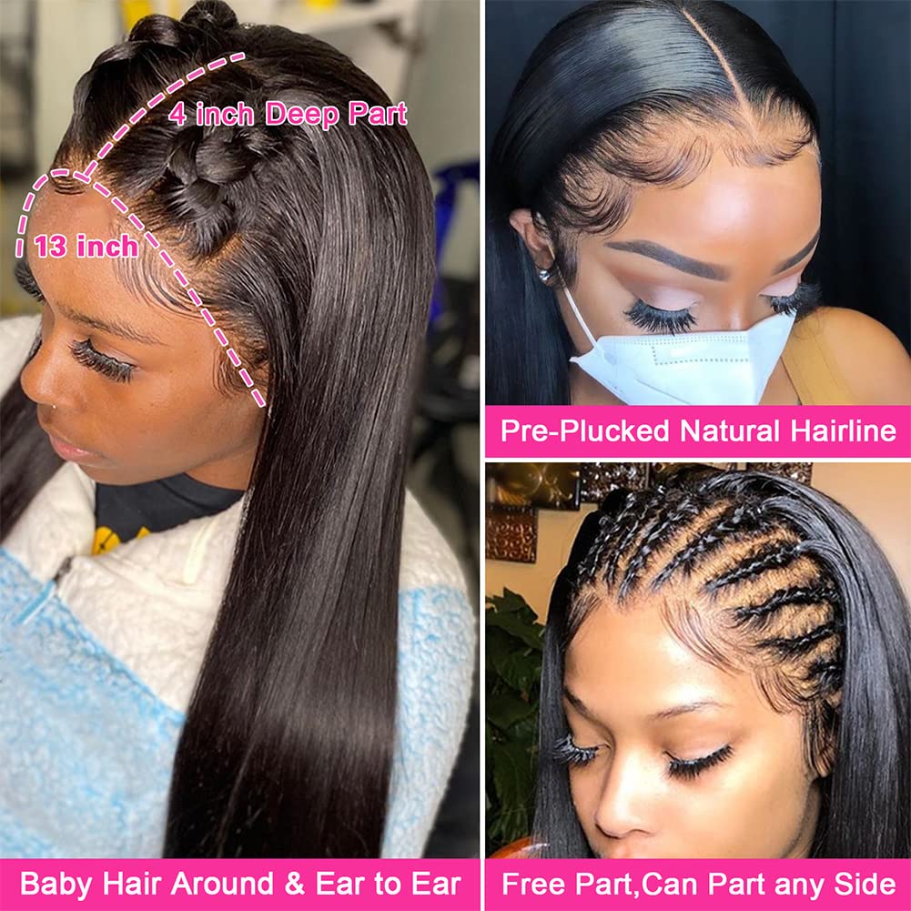 13x4 HD Lace Front Human Hair Wigs - Pre Plucked Glueless Straight Lace Frontal Wig 180% Density with Baby Hair Bleached Knots | Perfect for Daily Wear, Cosplay & Special Occasions