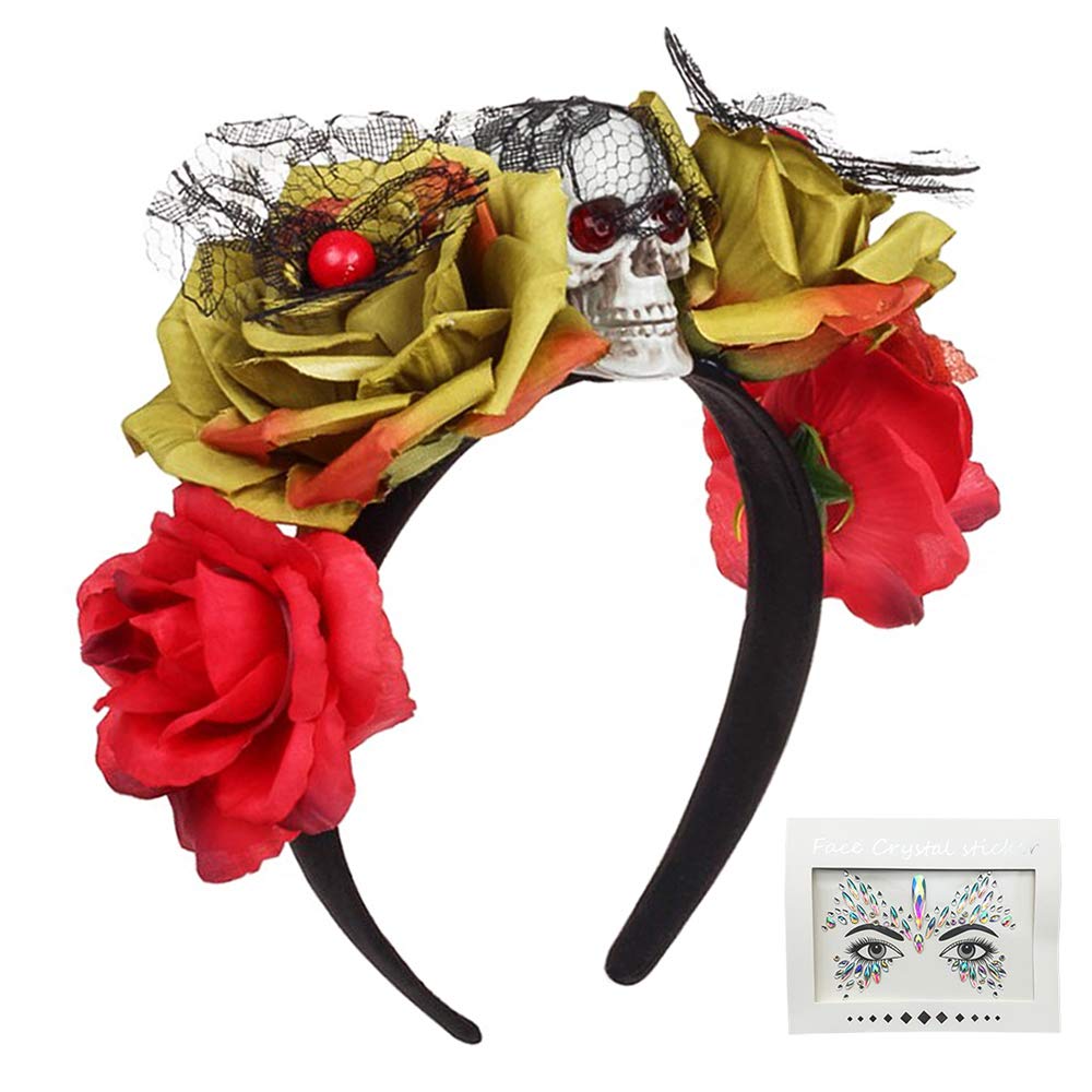 Lifreer Halloween Headband Set - Gothic Skull Flower Crown & Face Jewels Stickers for Women's Costume Accessories | Perfect for Halloween Parties, Cosplay & Gothic Fashion
