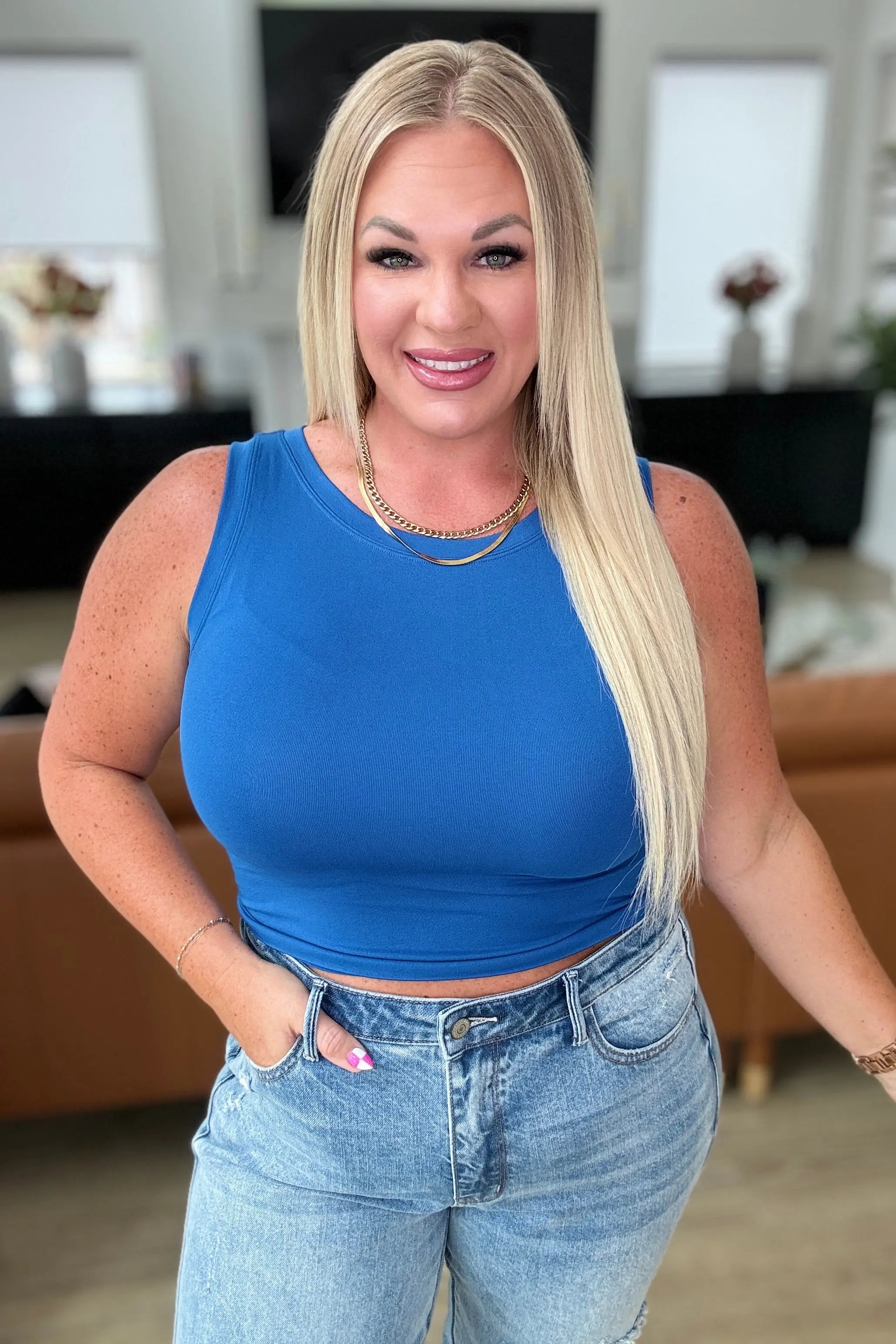 Classic Blue Longline Tank Top for Women - Comfortable Stretchy Fitted Casual Shirt - Perfect for Yoga, Workouts, and Everyday Wear