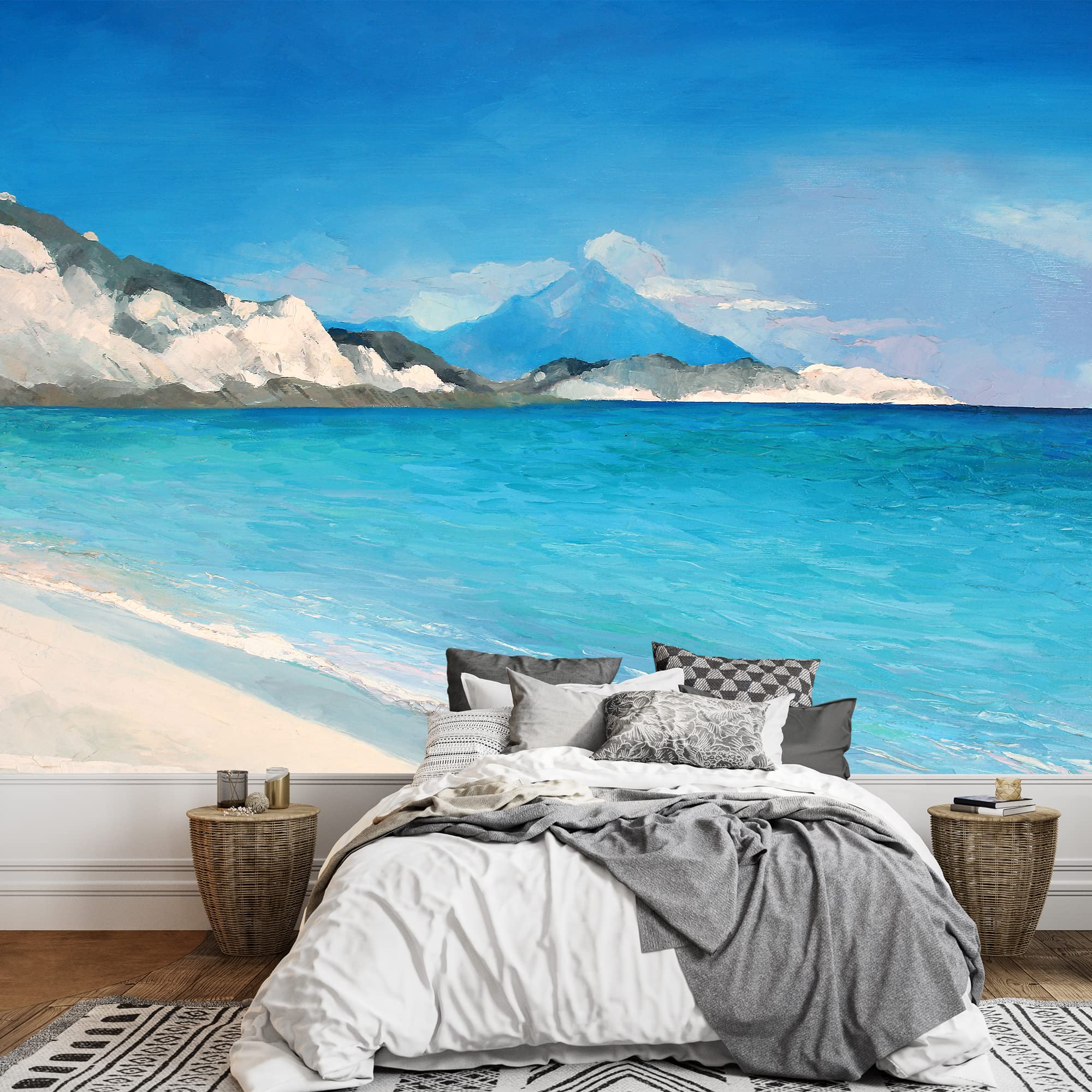 Wall26 - Original Greek Beach Oil Painting on Canvas, Large Removable Self-Adhesive Wall Mural (66x96 inches) - Perfect for Living Room, Bedroom & Office Decor