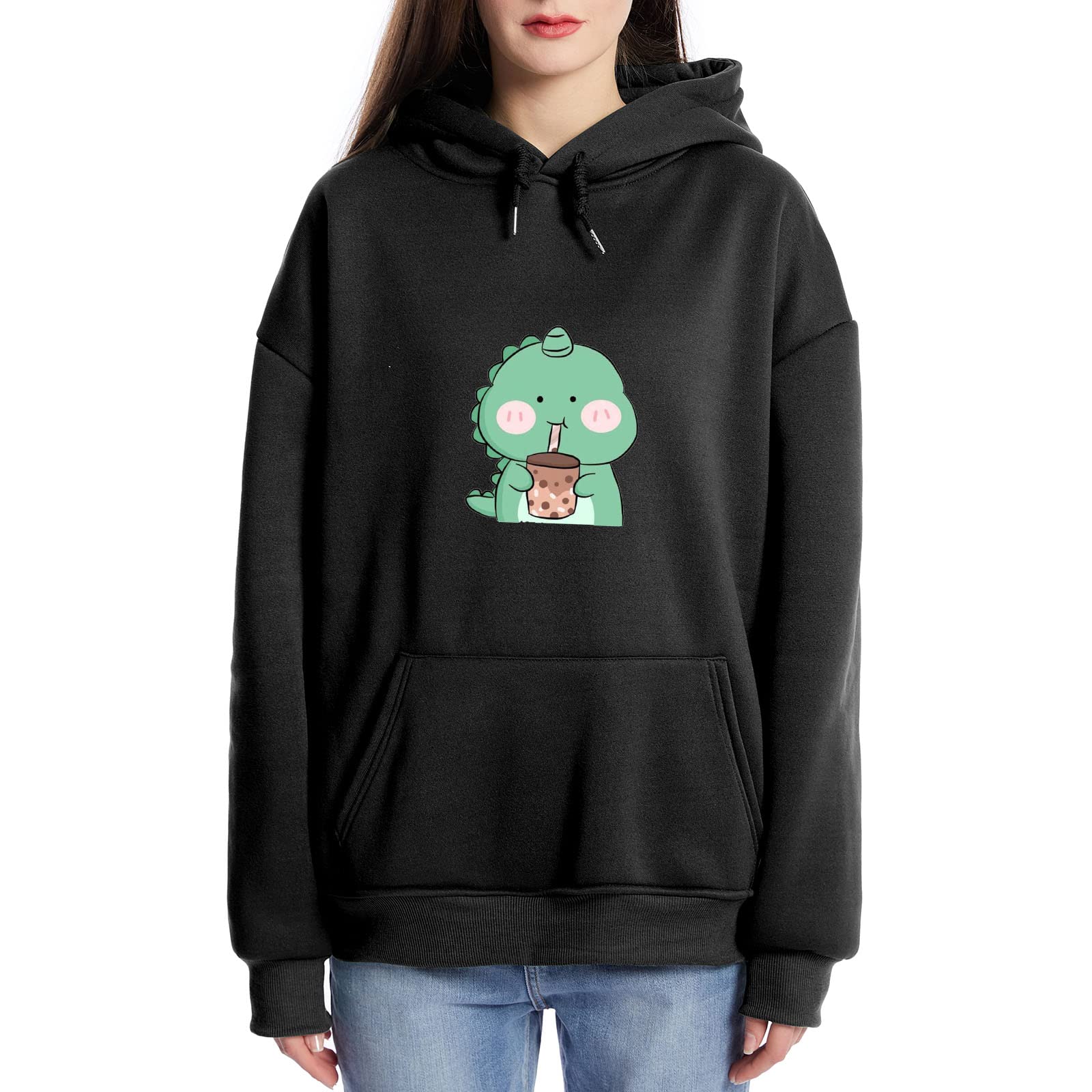 Women's Casual Long Sleeve Hoodie - Cute Cartoon Dinosaur Print Pullover Sweatshirt with Drawstring Hood & Pocket | Cozy Loungewear, Streetwear Fashion, Outdoor Activities