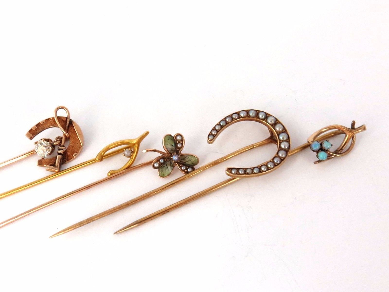 Vintage Lot of 6 Antique Hat Pins - Classic Horseshoe, Jockey & Irish Clover Design - Perfect for Collectors, Fashion Accessories & Victorian Style Outfits