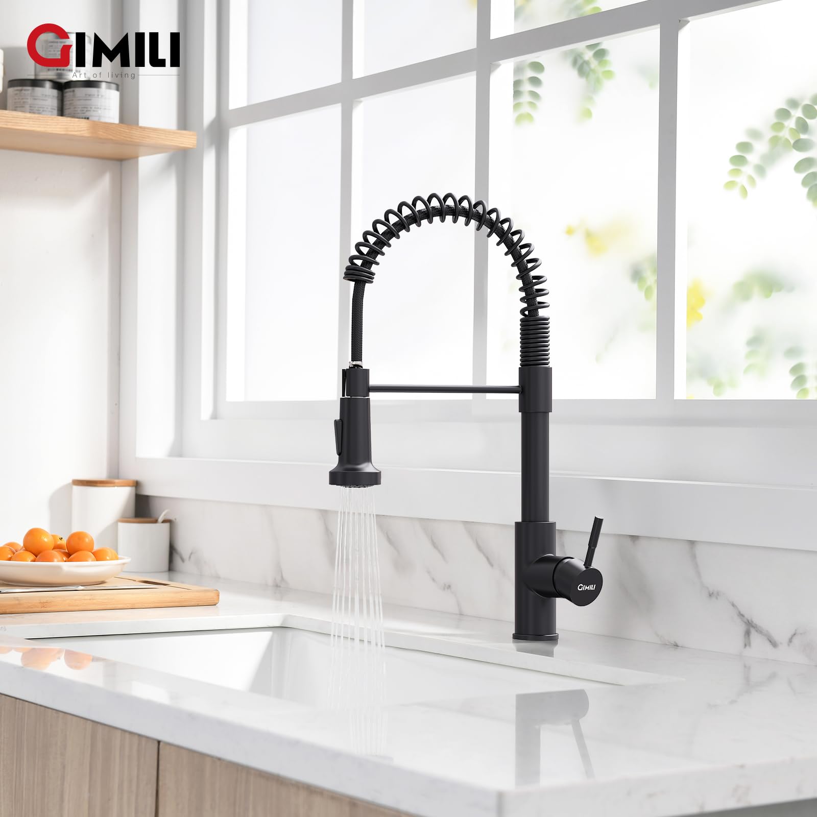 GIMILI Black Commercial Kitchen Faucet with Pull Down Sprayer - Single Handle Spring Kitchen Sink Faucet - Matte Black Stainless Steel Water Tap for Restaurant & Home Use