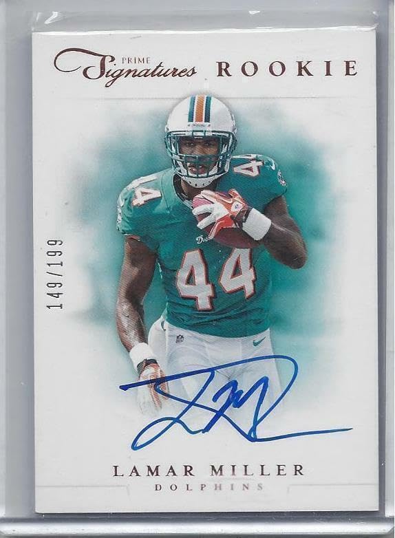 Lamar Miller 2012 Panini Prime Signatures Dolphins On-Card Auto Rookie Card #d/199 - NFL Autographed Football Collectible for Fans & Sports Memorabilia Display