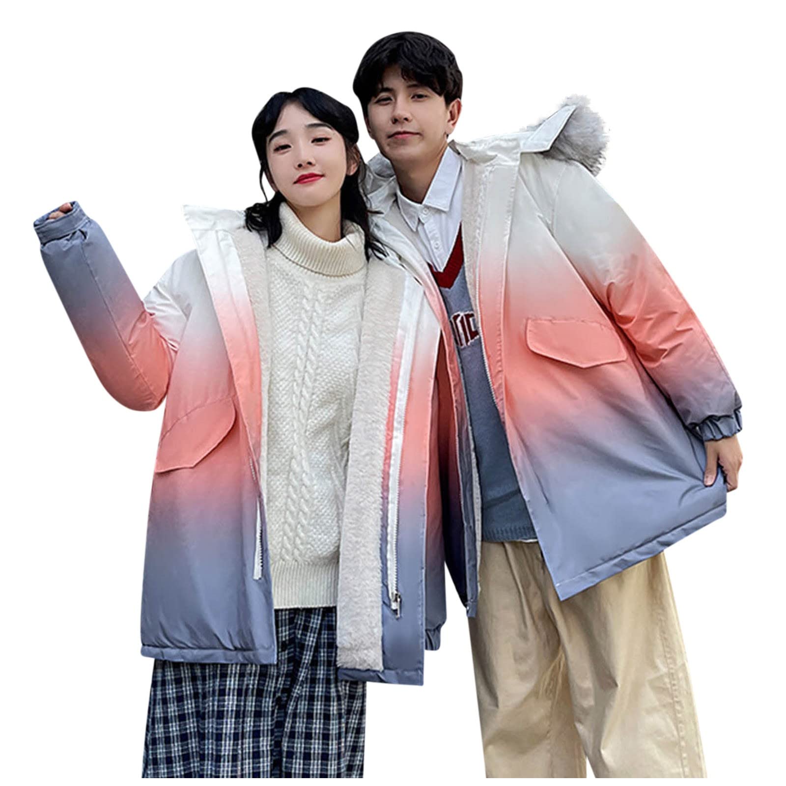 Warm Gradient Hooded Jacket with Plush Lining - Mid-Length Thickened Winter Coat for Couples (Multiple Colors) - Perfect for Outdoor Activities, Winter Travel & Date Nights